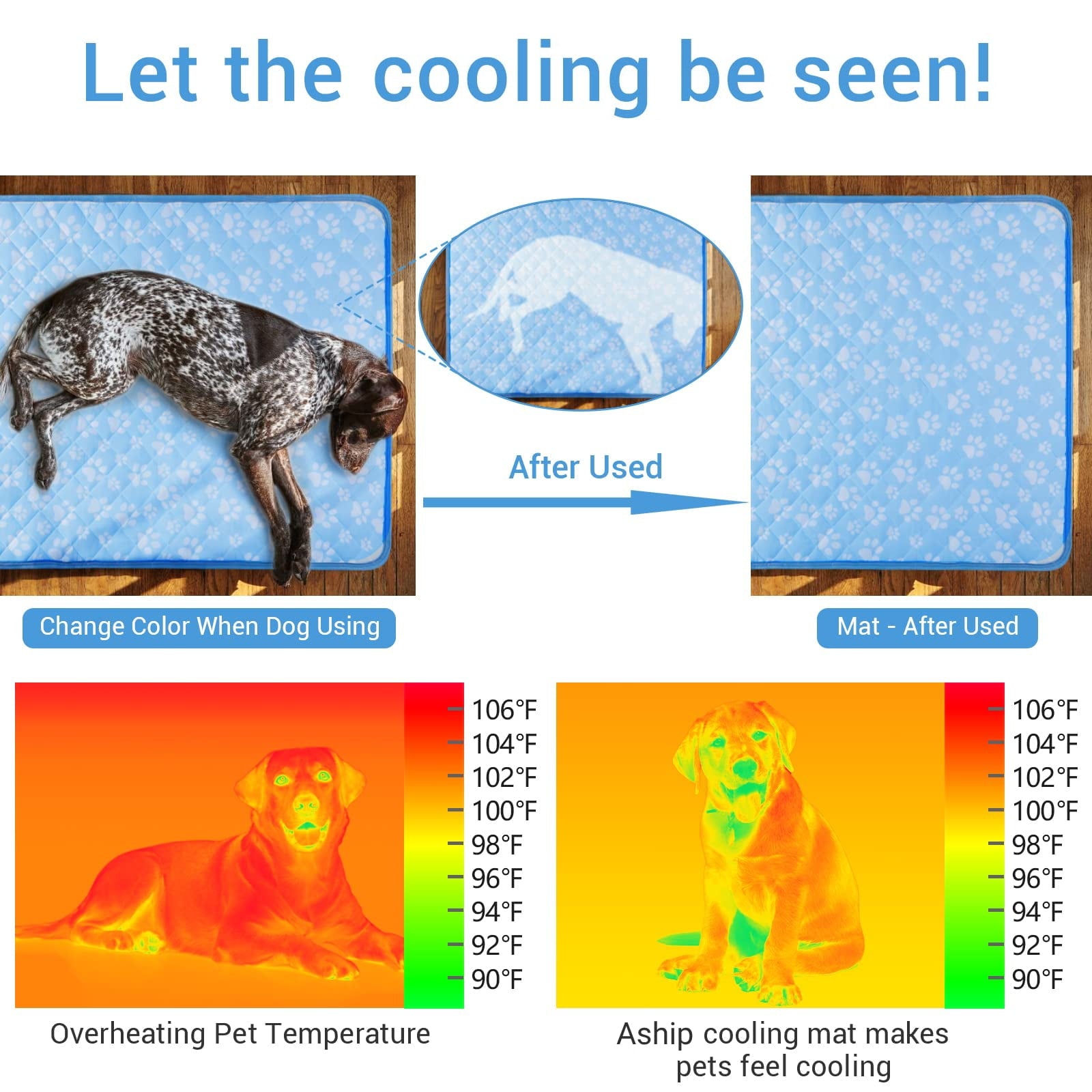 Aship Dog Cooling Mat, 44'' x 32'' Extra Large Self-Cooling Mat for Dog Cat, Arc-Chill Cooling Fiber & Endothermic Color Changing Pet Cooling Pad for Hot Summer, Washable Non-Toxic & Foldable