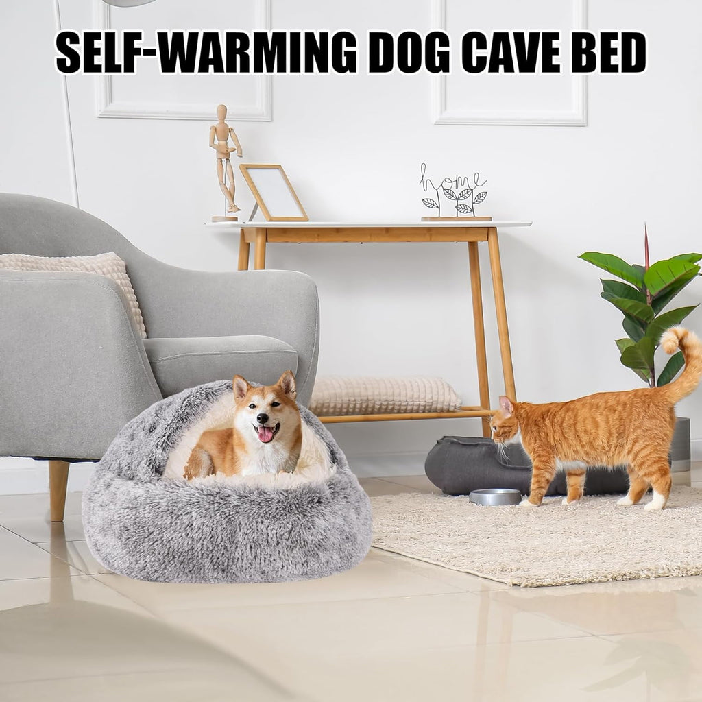 Katinyos Cat Bed & Dog Bed with Cover Cave, Machine Washable Cozy Cat Cave Bed, Pet Bed with Anti-Slip & Waterproof Bottom, Round Plush Fluffy Cat Condo for Improved Sleep-16inch