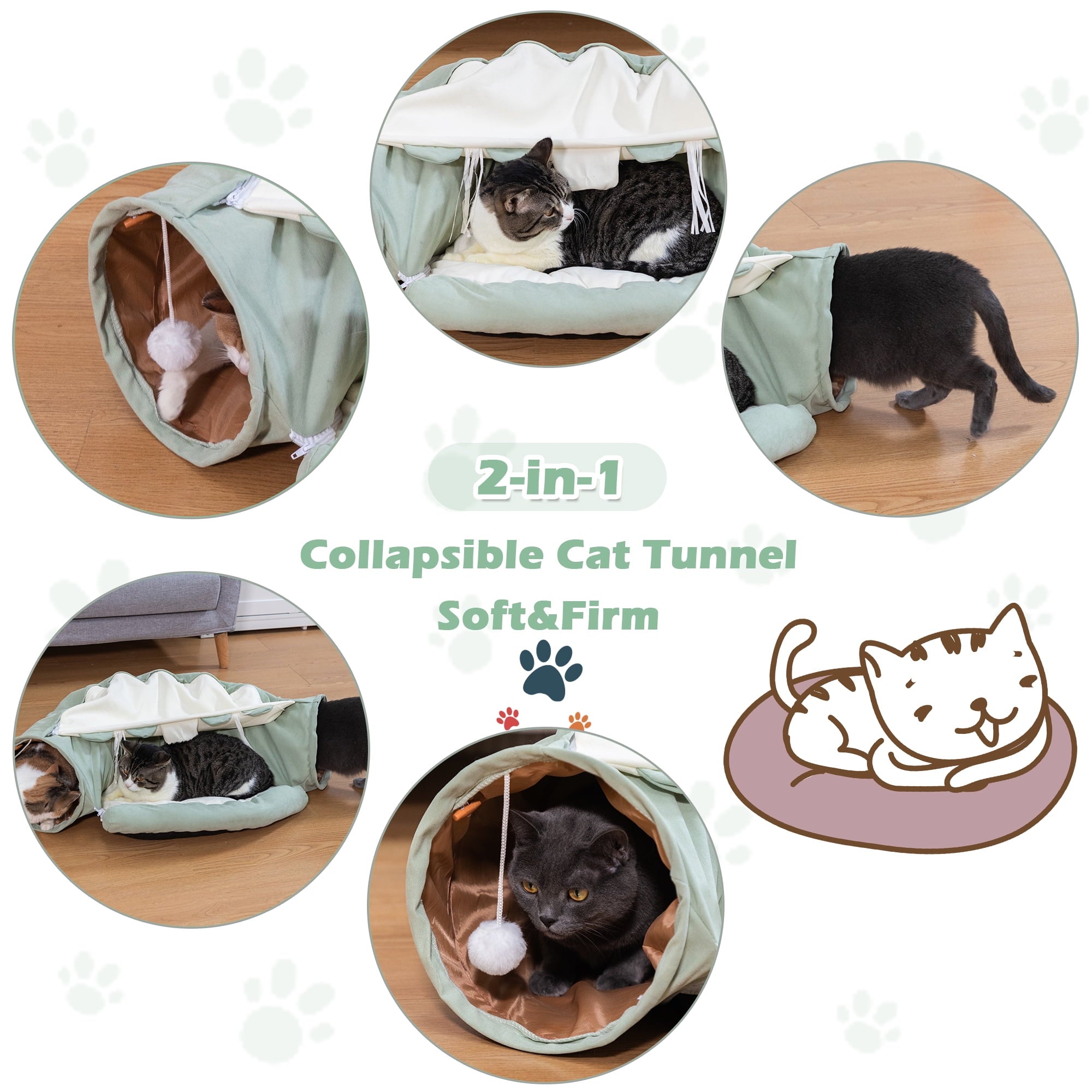 Coziwow 2-in-1 Cat Tunnel Tube Cat Tunnel Bed W/ Washable Bed Collapsible Kitty Toy, Green