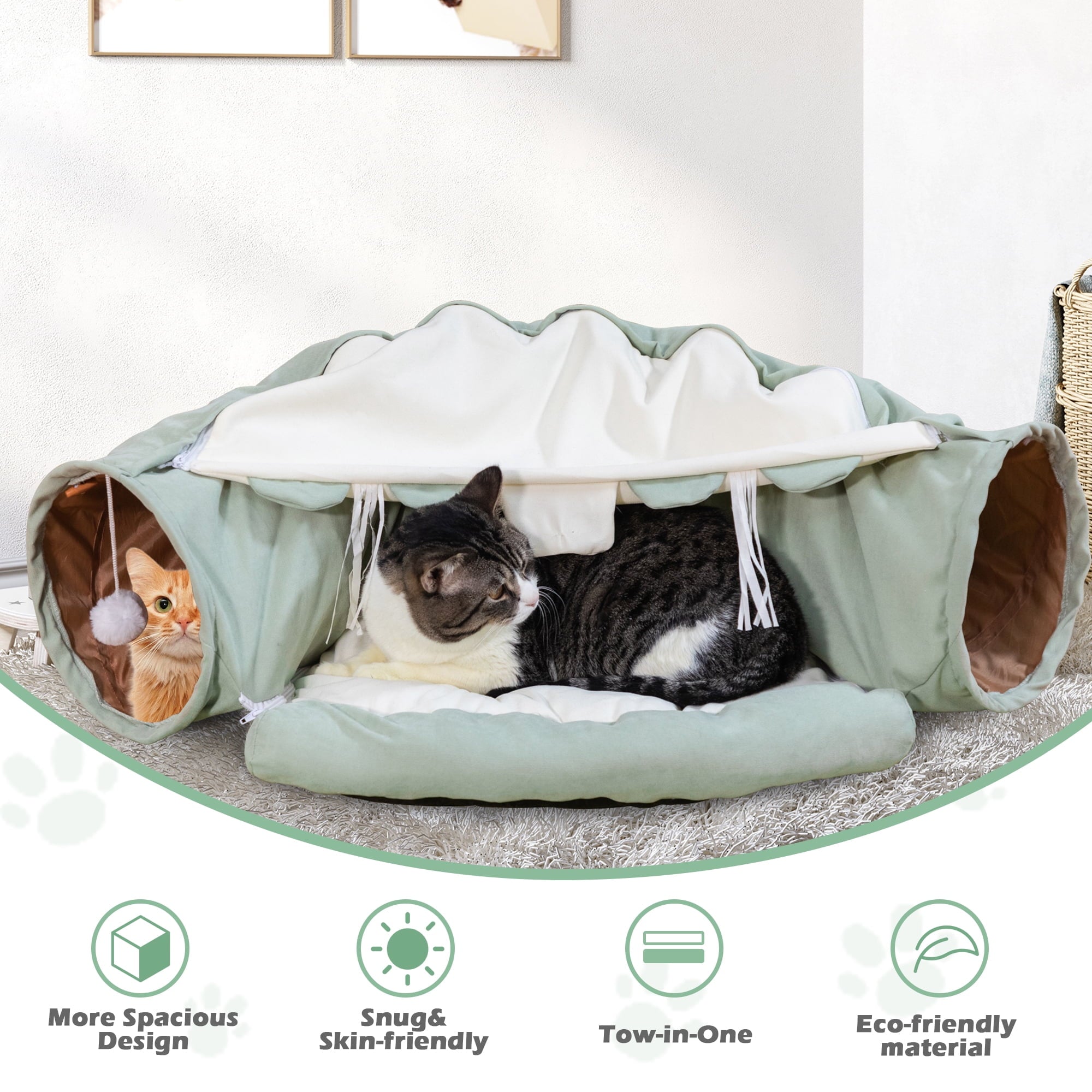 Coziwow 2-in-1 Cat Tunnel Tube Cat Tunnel Bed W/ Washable Bed Collapsible Kitty Toy, Green