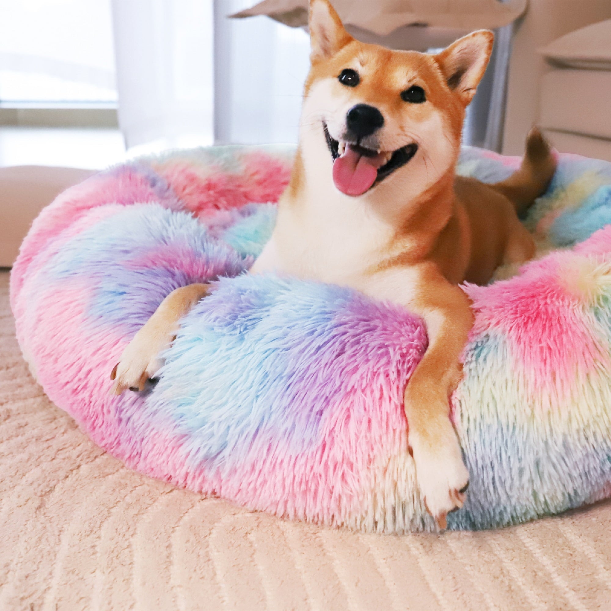 Exclusivo Mezcla Calming Donut Pet Bed for Medium Dogs 24", Anti-Anxiety Plush Cozy Warming Dog Bed, Pink Rainbow