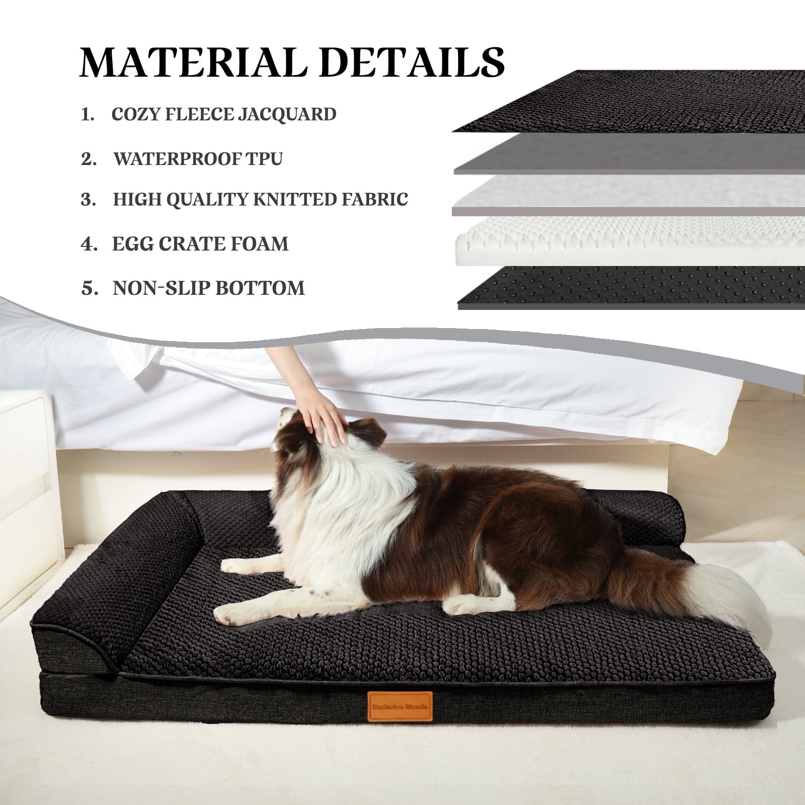 Exclusivo Mezcla Jacquard Orthopedic Pet Bed for Large Dogs, 42"X28" Waterproof L Shaped Dog Bed with Washable Cover, Black