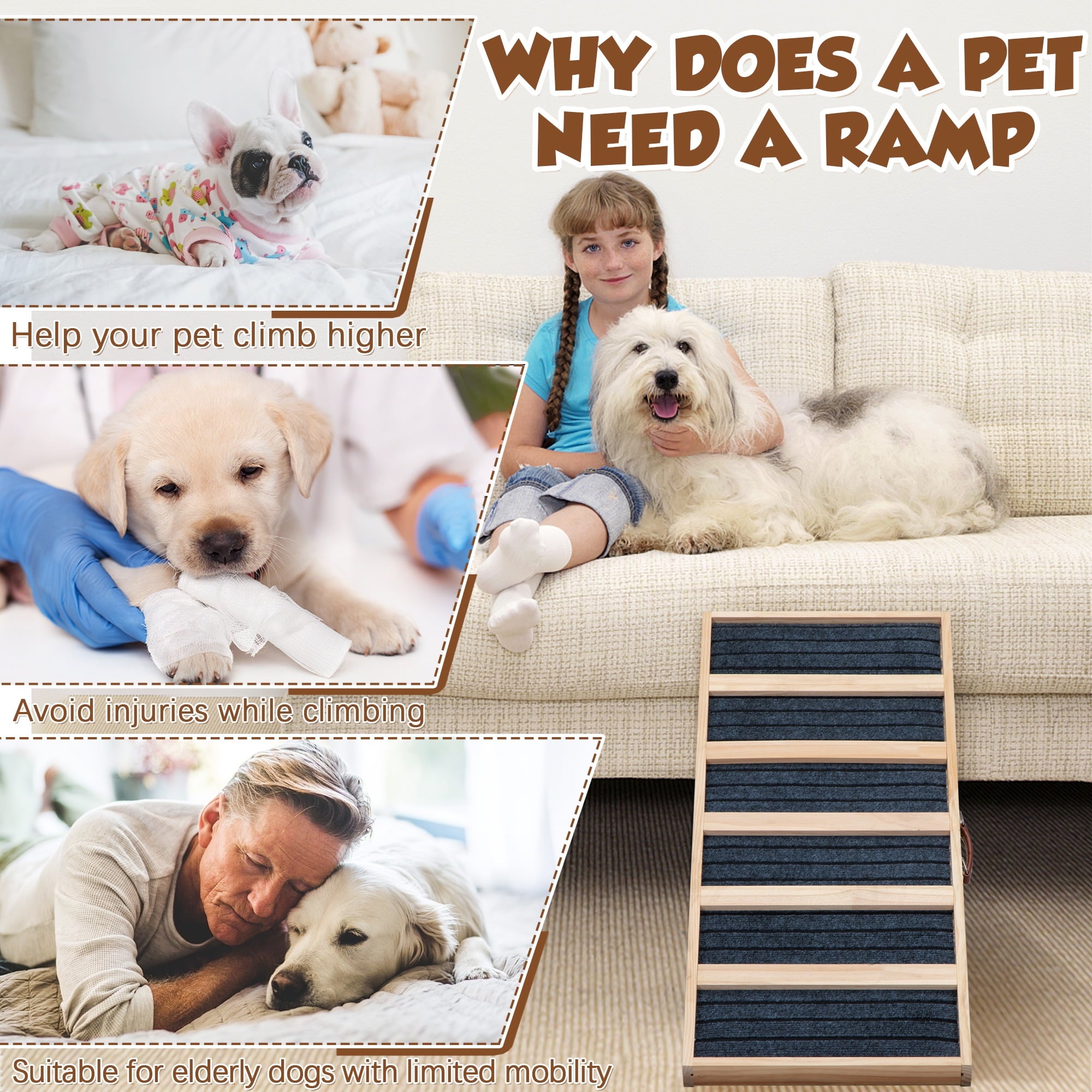 COZIWOW Adjustable Pet Ramp, Wooden Folding Dog Car Ramp with High Traction Mat, Portable Cat Ramp for Bed, Couch and Sofa, Natural