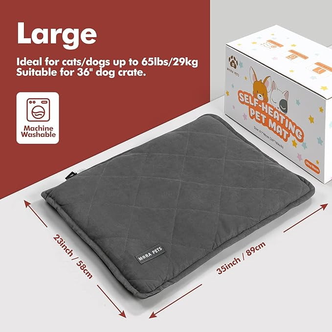 Mora Pets Self Warming Cat Bed with Washable Cover Smooth Self Heating Pet Pad with Non Slip Bottom Dog Crate Mats for Medium Large dogs, Gray, 36inch