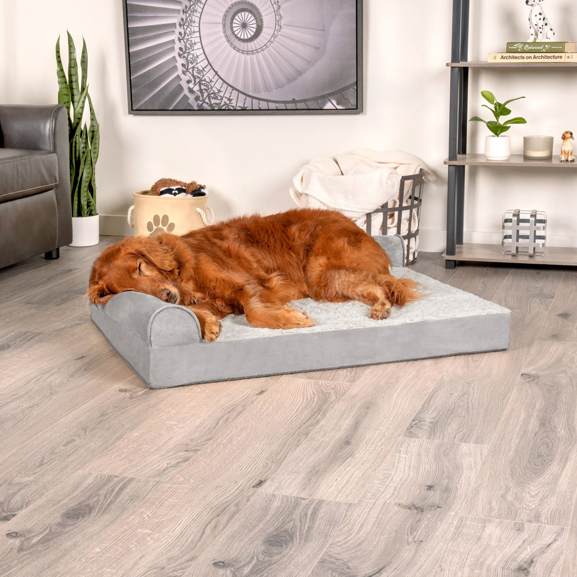 FurHaven Pet Products Jumbo Embossed Faux Fur & Suede Orthopedic Deluxe L-Chaise Dog Bed, Gray