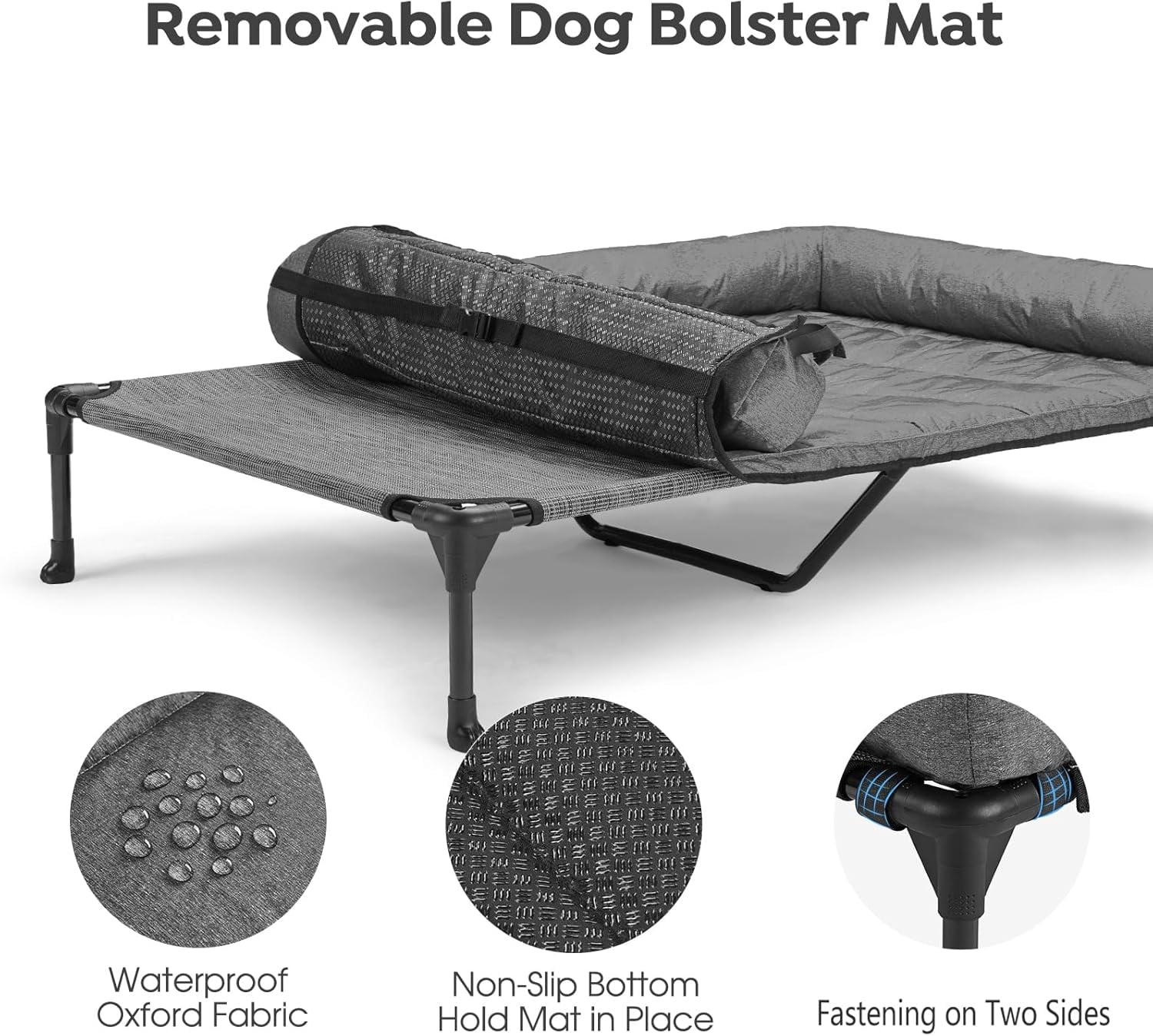 Elevated Dog Bed Add Removable Waterproof Bolster Cushion Mat, Raised Pet Cot with Breathable Teslin Mesh, No-Slip Feet, Dog Sofa Bed for Indoor Outdoor, XLarge, Black Silver