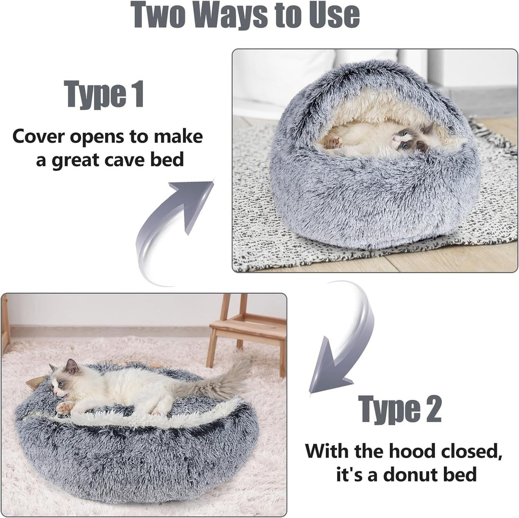 Katinyos Cat Bed & Dog Bed with Cover Cave, Machine Washable Cozy Cat Cave Bed, Pet Bed with Anti-Slip & Waterproof Bottom, Round Plush Fluffy Cat Condo for Improved Sleep-16inch