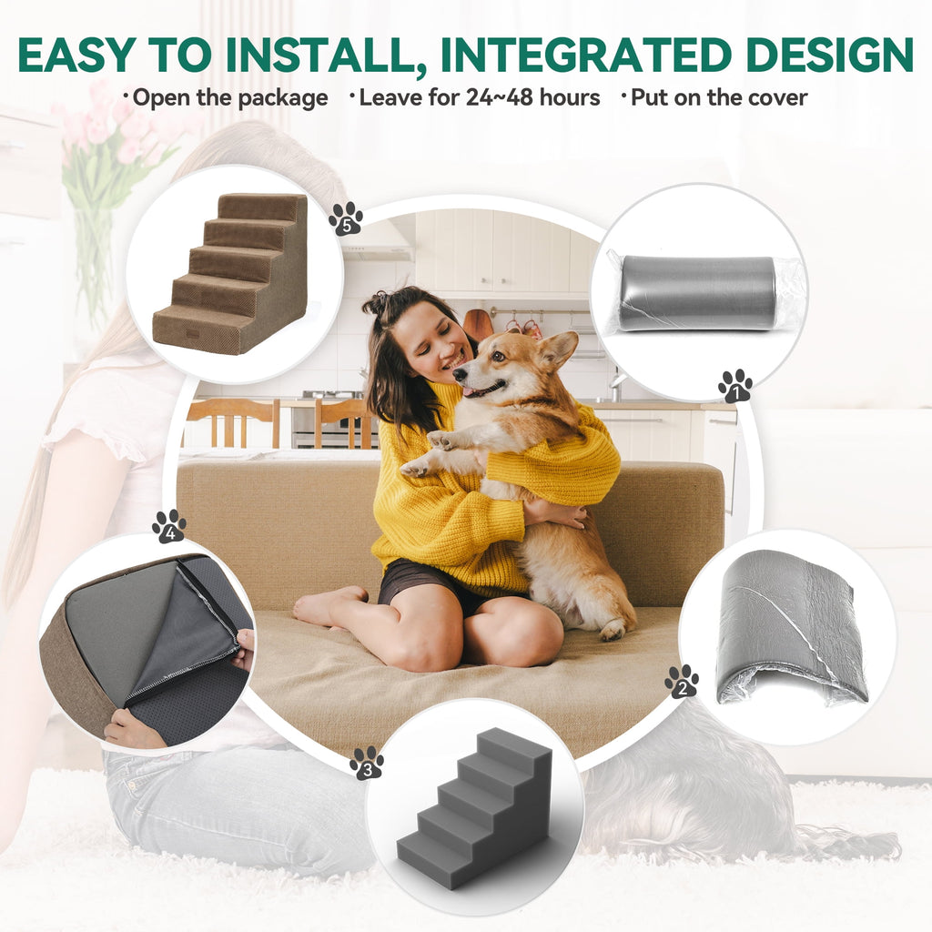 Dextrus 5-Step Pet Stairs for Small Dogs, Supportive Steps for Beds and Couches, Non-Slip Design for Injured and Elderly Pets - Brown
