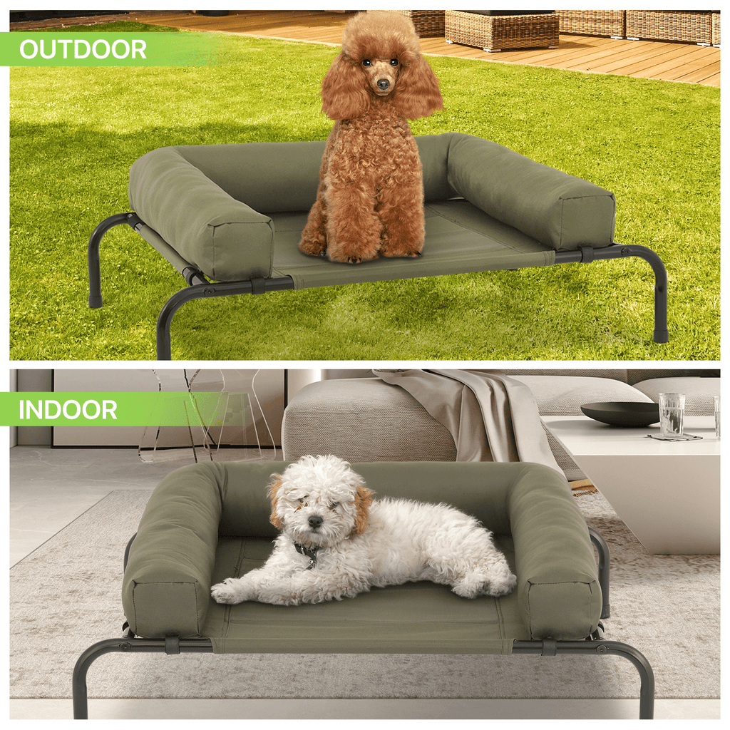 Magshion Cooling Elevated Dog Bed with Pillows, 35.5" Portable Washable Raised Dog Cot with No-Slip Rubber Feet for Indoor & Outdoor Use, Small, Dark Green