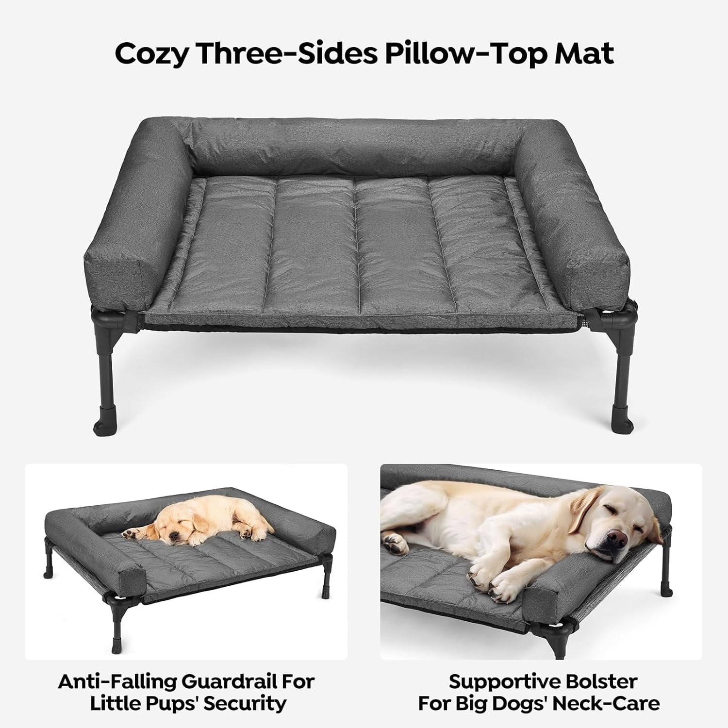 Elevated Dog Bed Add Removable Waterproof Bolster Cushion Mat, Raised Pet Cot with Breathable Teslin Mesh, No-Slip Feet, Dog Sofa Bed for Indoor Outdoor, XLarge, Black Silver