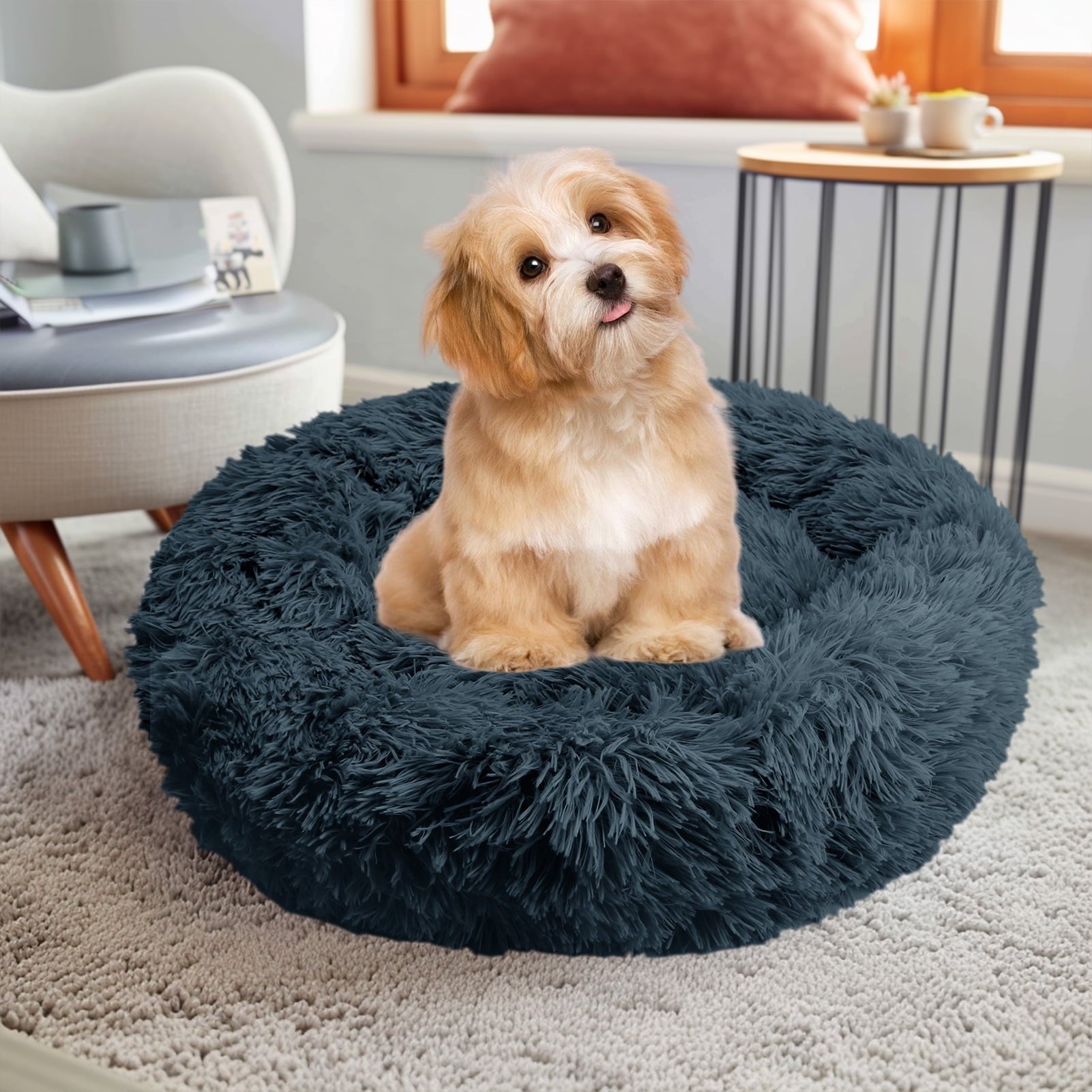Donut Dog Bed - Anti-Anxiety, Self Warming, Cozy Soft Plush, Machine Washable Round Pet Bed, Ideal for Home & Travel, 20"x 8"， Dark Grey
