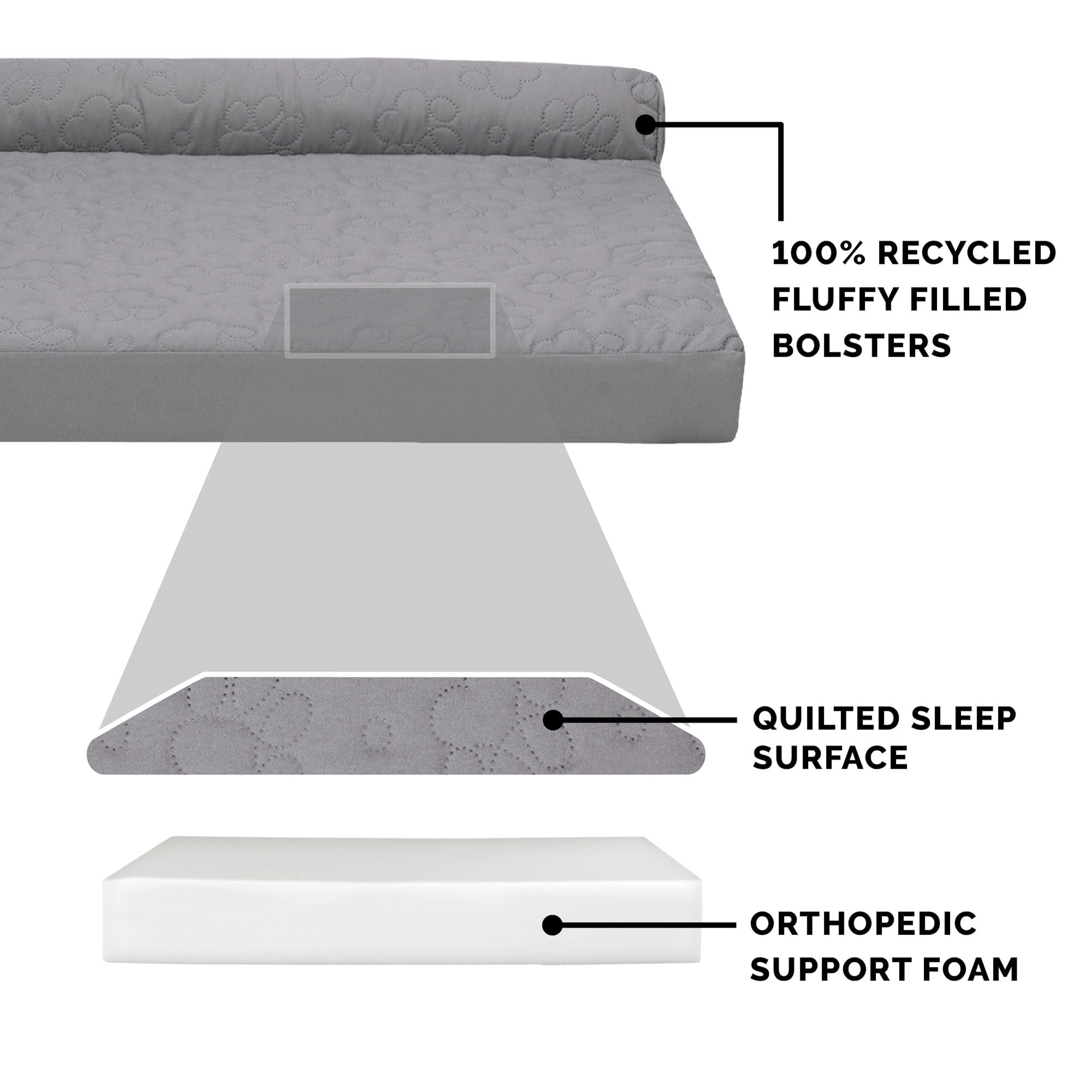 FurHaven Pet Products | Paw-Quilted Deluxe L-Chaise Full Support Solid Orthopedic Sofa Pet Bed for Dogs & Cats - Titanium, Jumbo