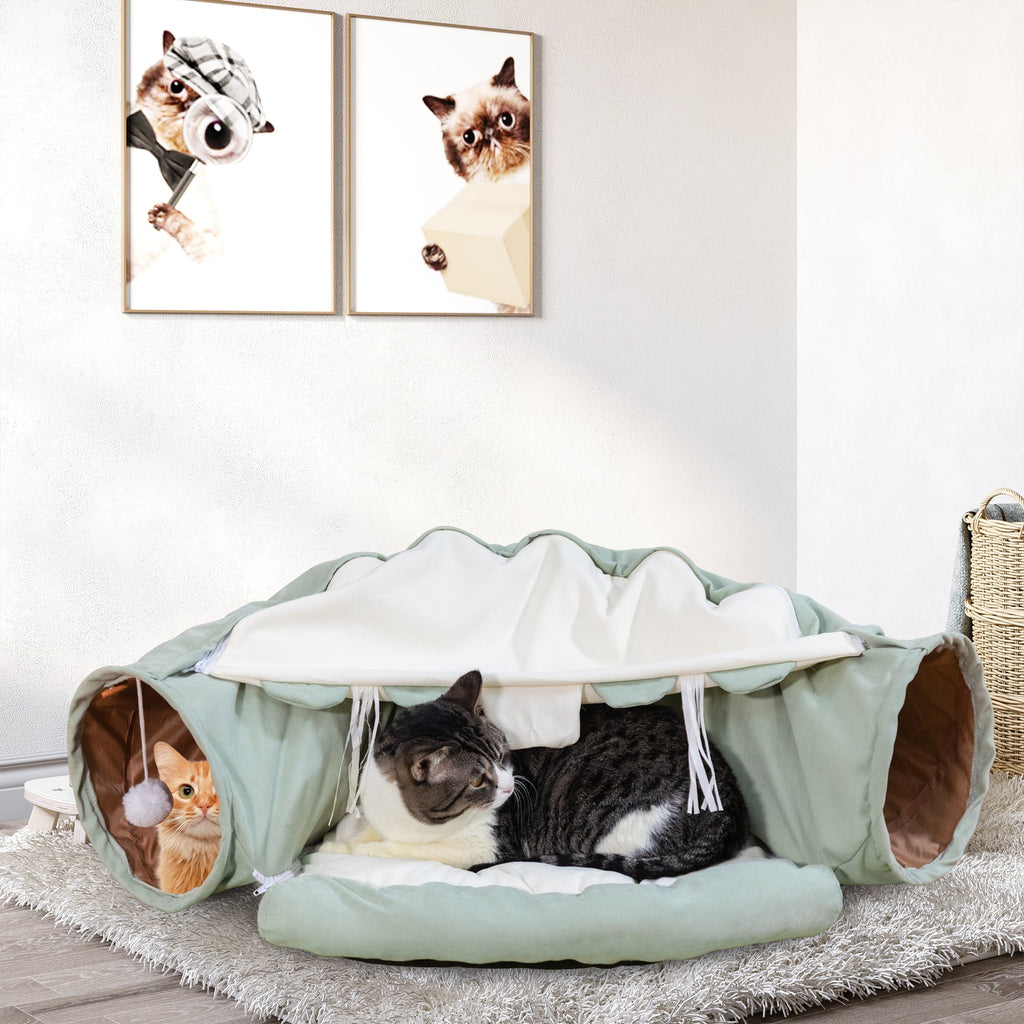 Coziwow 2-in-1 Cat Tunnel Tube Cat Tunnel Bed W/ Washable Bed Collapsible Kitty Toy, Green