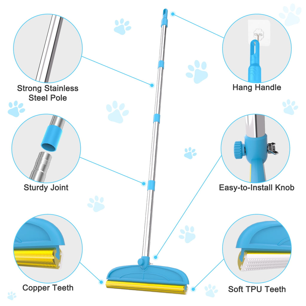 Carpet Rake for Dog Hair Remover: 2 in 1 Reusable Pet Hair Remover – 60" Adjustable Long Handle Carpet Removal Tool for Dog Cat Human Hair – Carpet Scrape Cleaning for Rug Couch Bed
