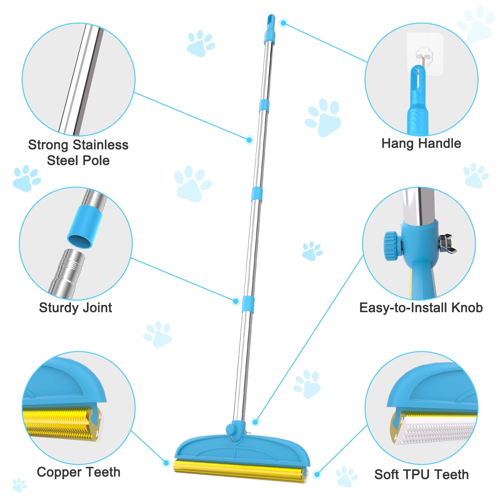 Carpet Rake for Dog Hair Remover: 2 in 1 Reusable Pet Hair Remover – 60" Adjustable Long Handle Carpet Removal Tool for Dog Cat Human Hair – Carpet Scrape Cleaning for Rug Couch Bed