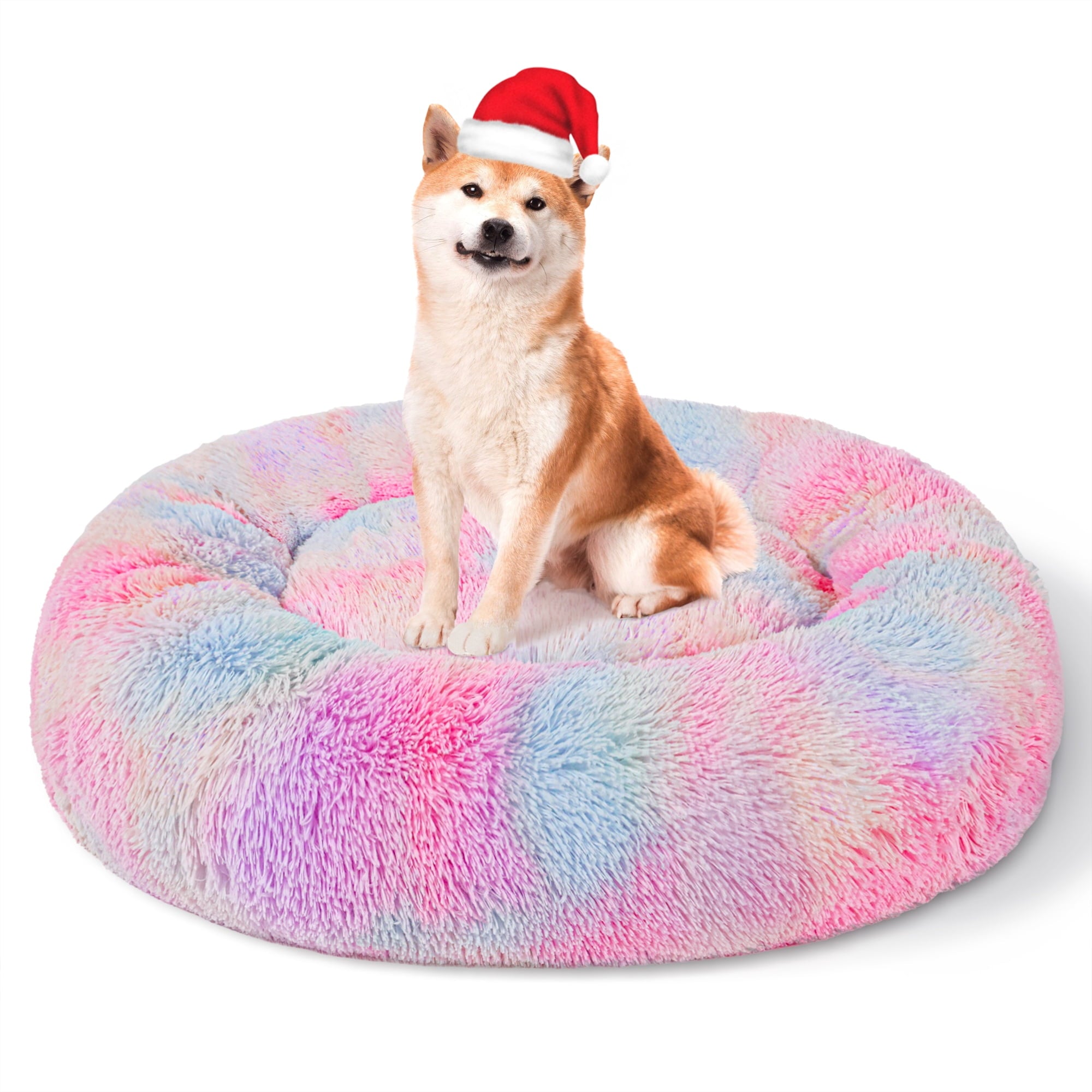 Exclusivo Mezcla Calming Donut Pet Bed for Medium Dogs 24", Anti-Anxiety Plush Cozy Warming Dog Bed, Pink Rainbow