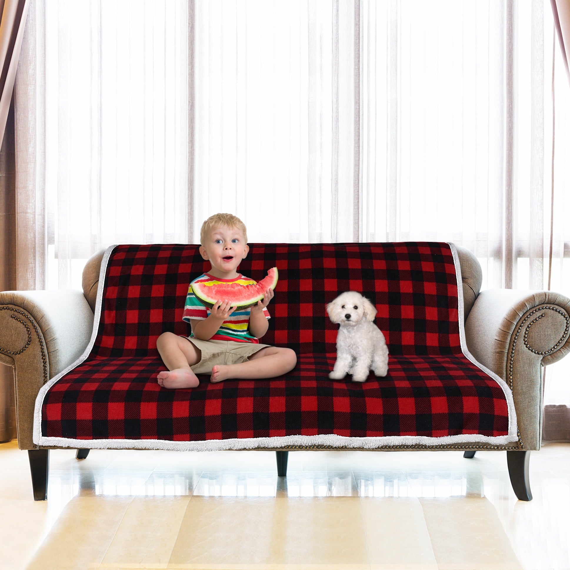 Catalonia Waterproof Fleece Blanket, Reversible Sherpa Throw Blanket, Premium Furniture Protector Plush Blanket, 80” x 60”