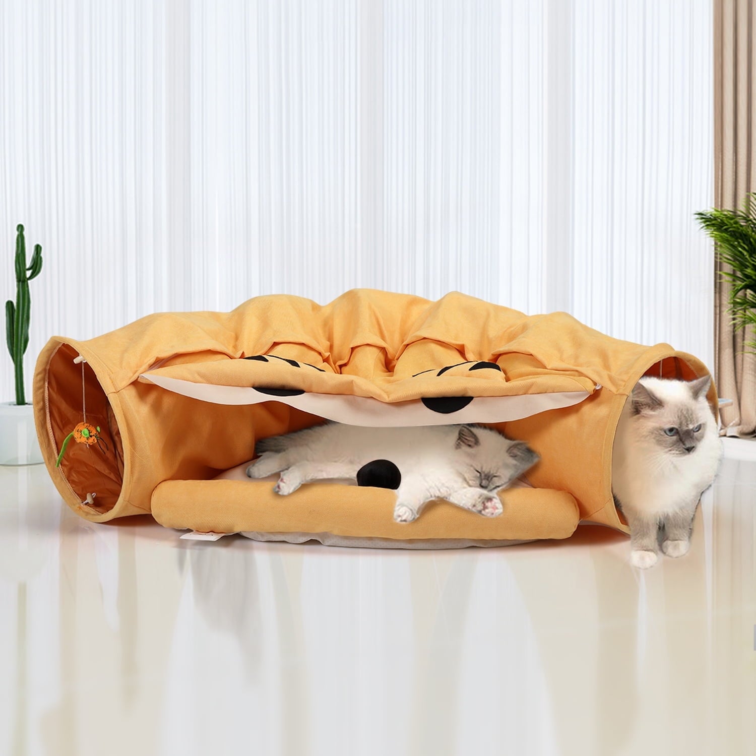 Coziwow 2-in-1 Cat Tunnel Tube Cat Tunnel Bed W/ Washable Bed Collapsible Kitty Toy, Green