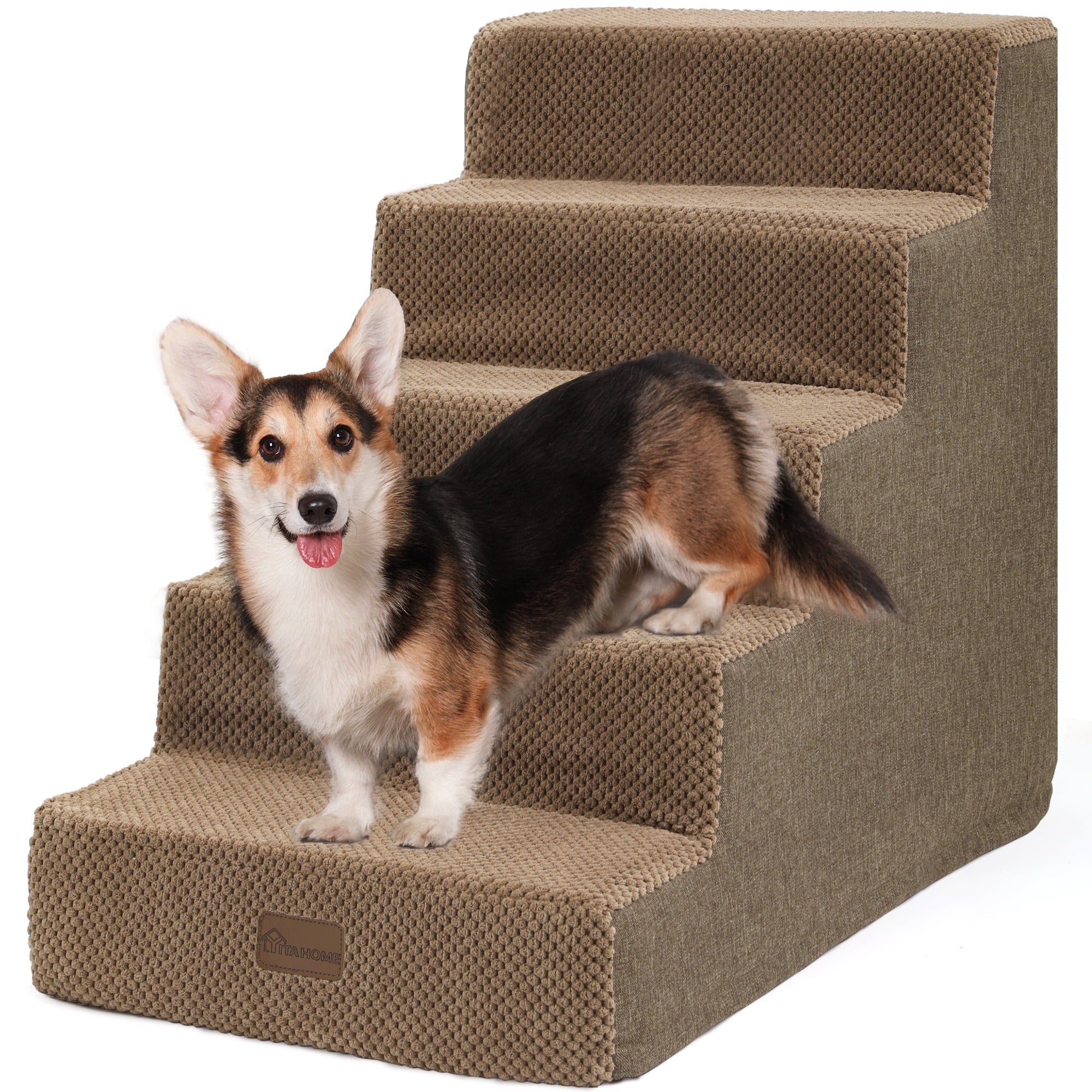 Dextrus 5-Step Pet Stairs for Small Dogs, Supportive Steps for Beds and Couches, Non-Slip Design for Injured and Elderly Pets - Brown