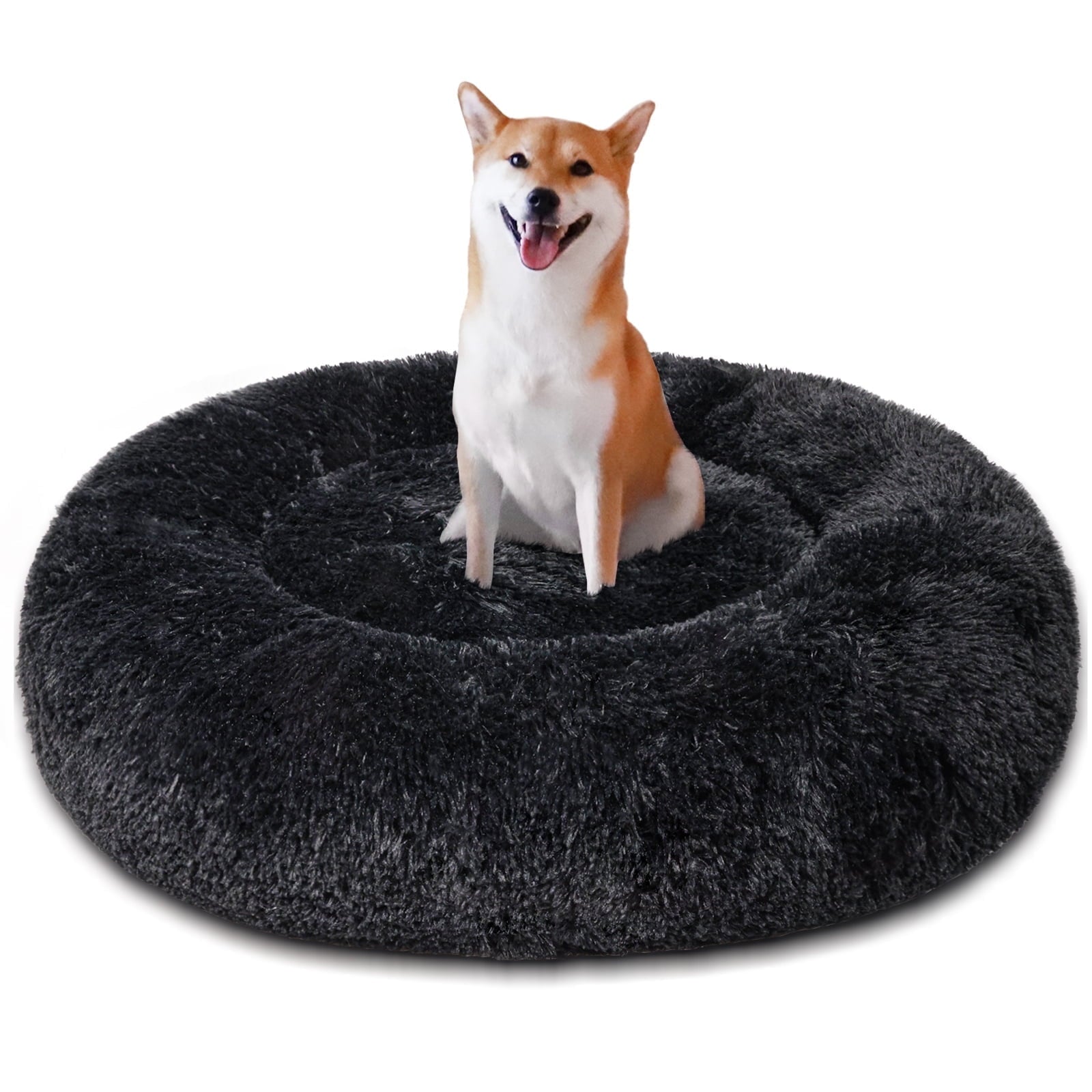 Exclusivo Mezcla Calming Donut Pet Bed for Medium Dogs 24", Anti-Anxiety Plush Cozy Warming Dog Bed, Pink Rainbow