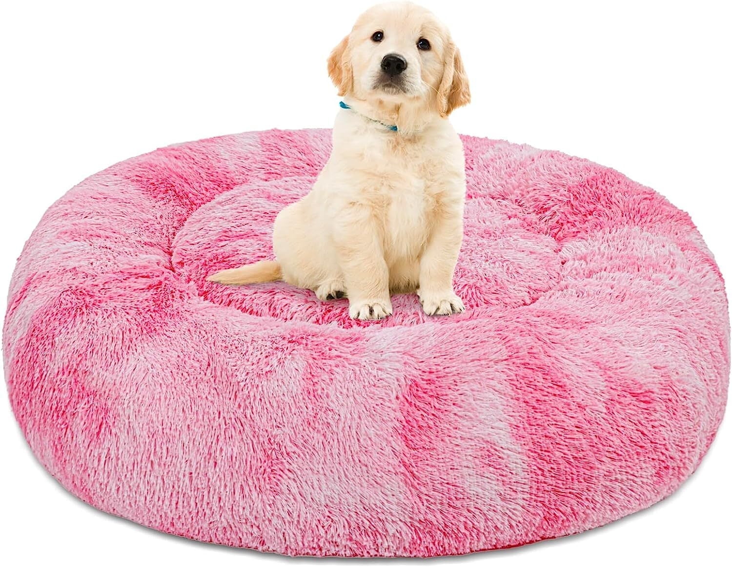 Exclusivo Mezcla Calming Donut Pet Bed for Medium Dogs 24", Anti-Anxiety Plush Cozy Warming Dog Bed, Pink Rainbow