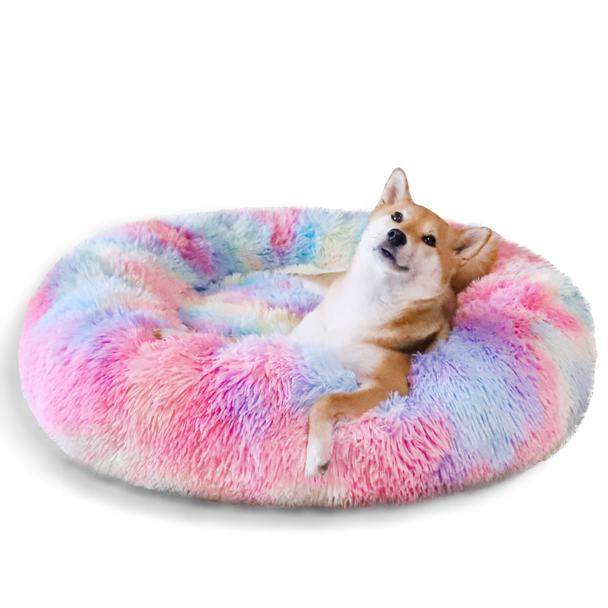 Exclusivo Mezcla Calming Donut Pet Bed for Medium Dogs 24", Anti-Anxiety Plush Cozy Warming Dog Bed, Pink Rainbow