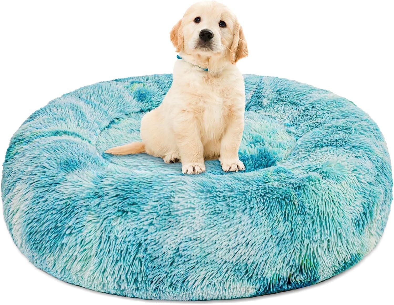 Exclusivo Mezcla Calming Donut Pet Bed for Medium Dogs 24", Anti-Anxiety Plush Cozy Warming Dog Bed, Pink Rainbow