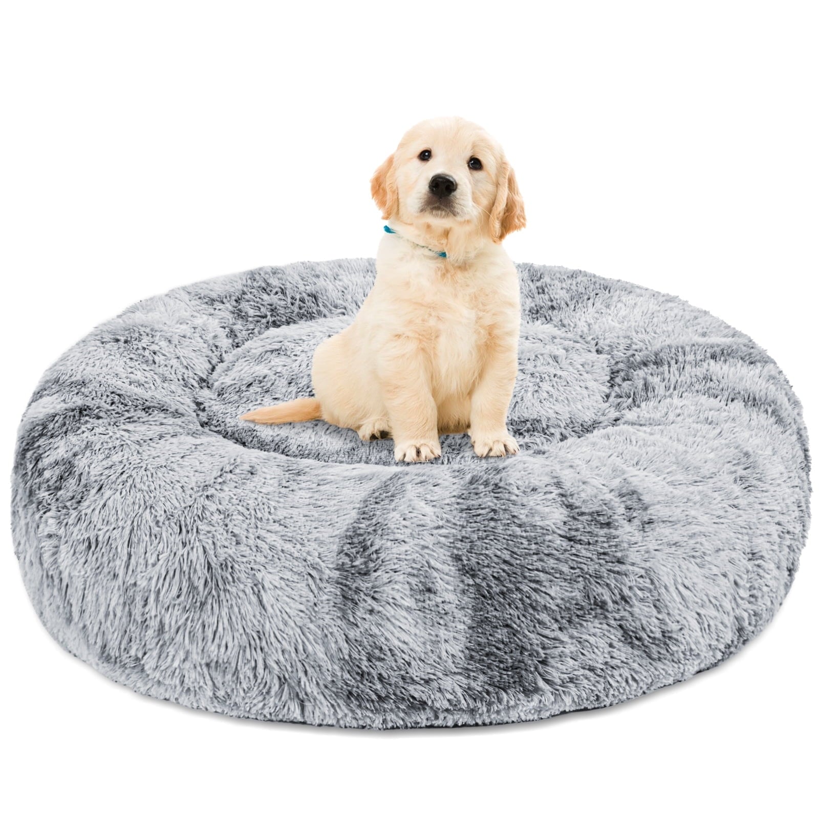Exclusivo Mezcla Calming Donut Pet Bed for Medium Dogs 24", Anti-Anxiety Plush Cozy Warming Dog Bed, Pink Rainbow