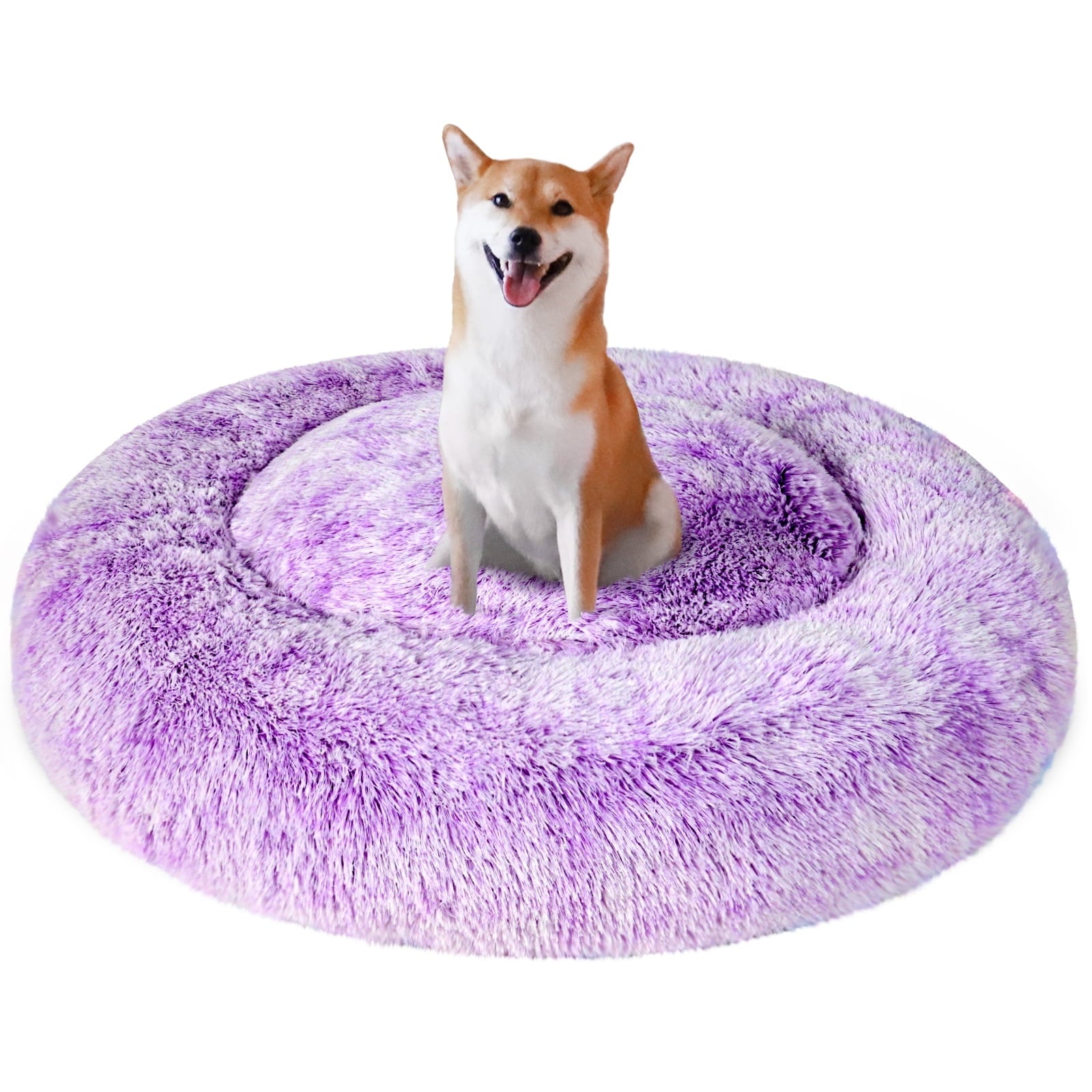 Exclusivo Mezcla Calming Donut Pet Bed for Medium Dogs 24", Anti-Anxiety Plush Cozy Warming Dog Bed, Pink Rainbow