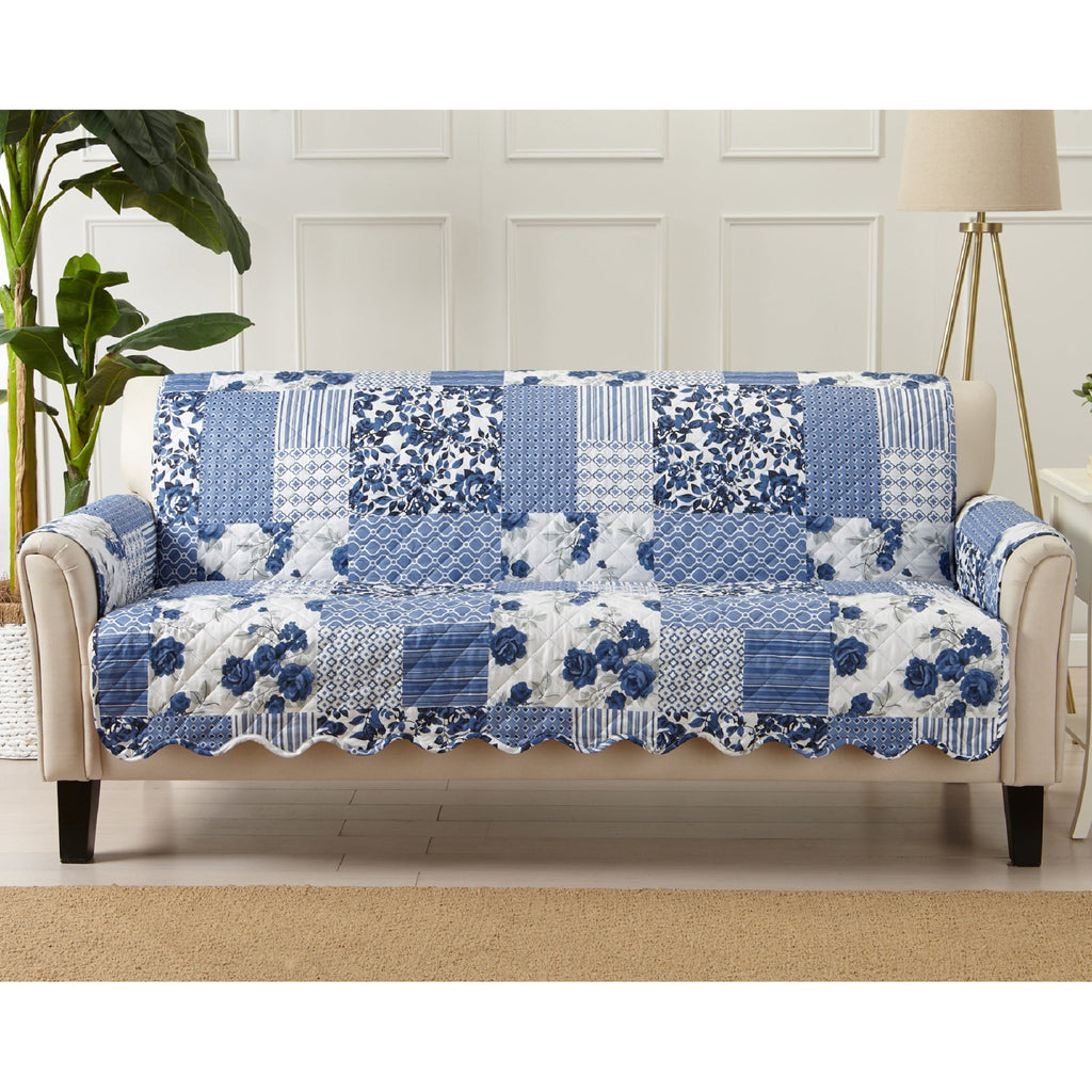 Great Bay Home Patchwork Scalloped Reversible Washable Pet Furniture Protector  (74" Sofa, Navy)