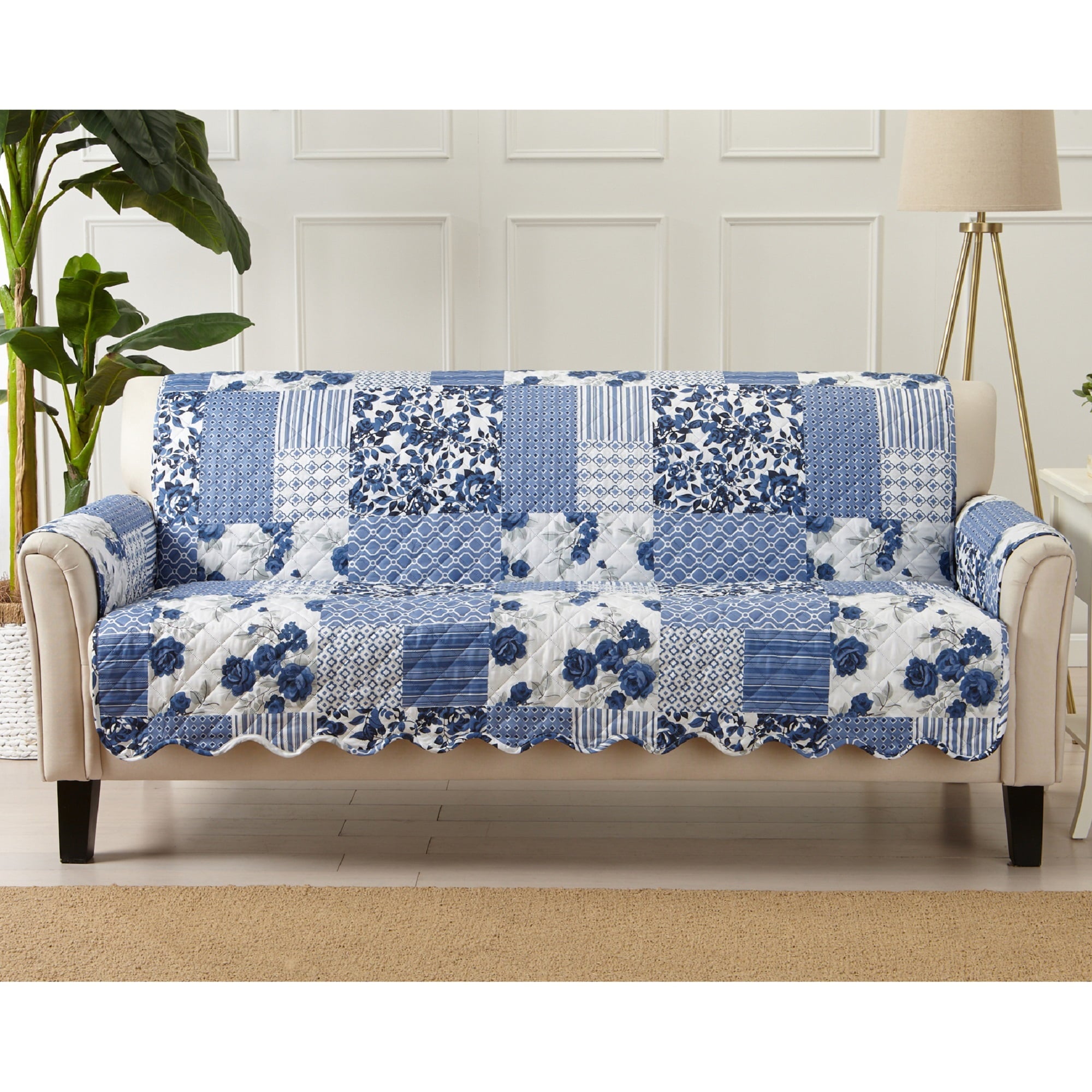 Great Bay Home Patchwork Scalloped Reversible Washable Pet Furniture Protector  (74" Sofa, Navy)