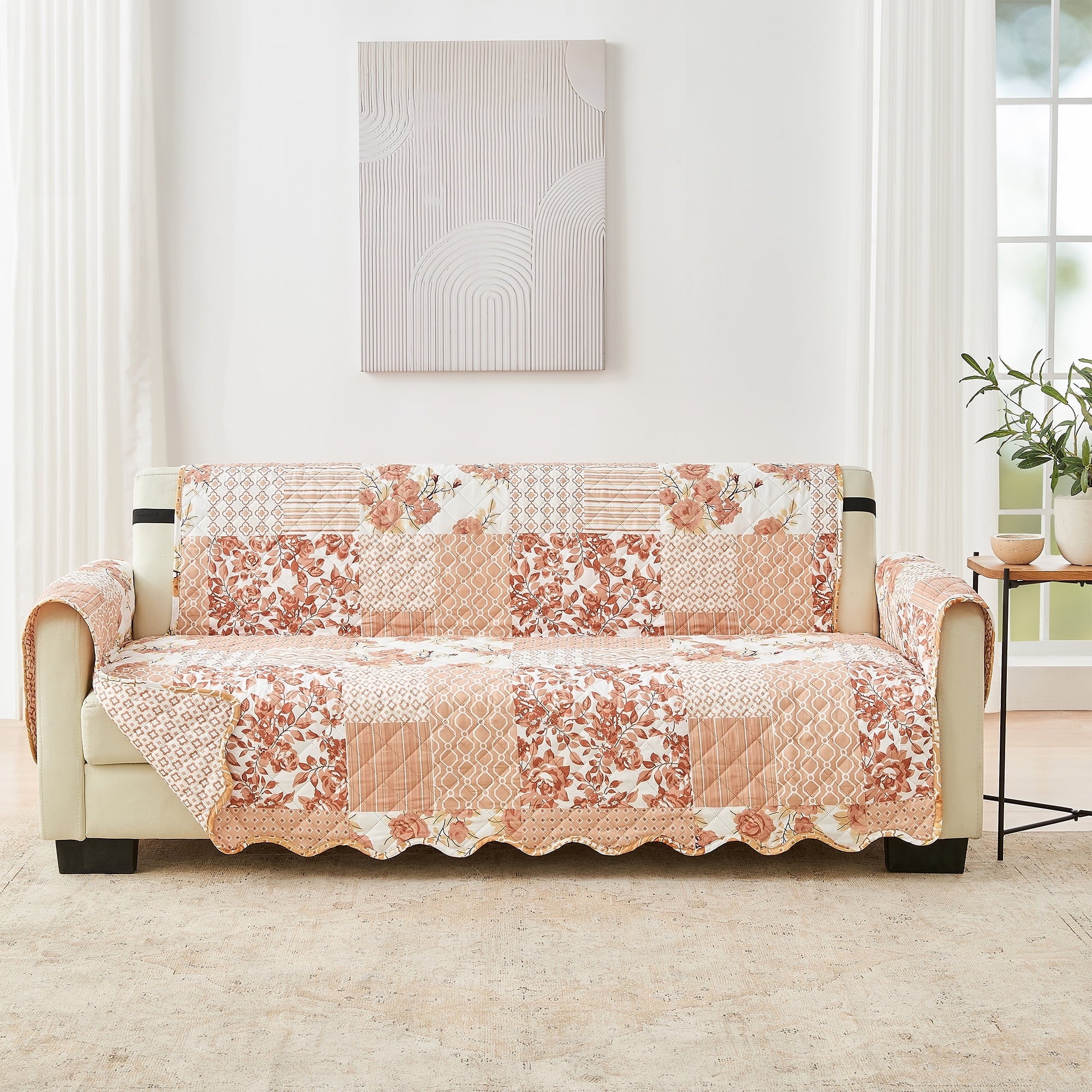 Great Bay Home Patchwork Scalloped Reversible Washable Pet Furniture Protector  (74" Sofa, Navy)