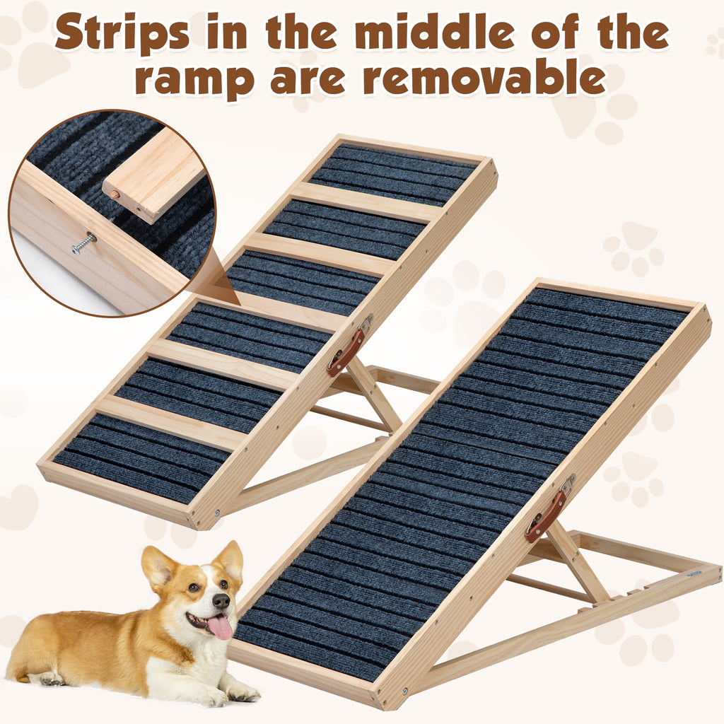 COZIWOW Adjustable Pet Ramp, Wooden Folding Dog Car Ramp with High Traction Mat, Portable Cat Ramp for Bed, Couch and Sofa, Natural