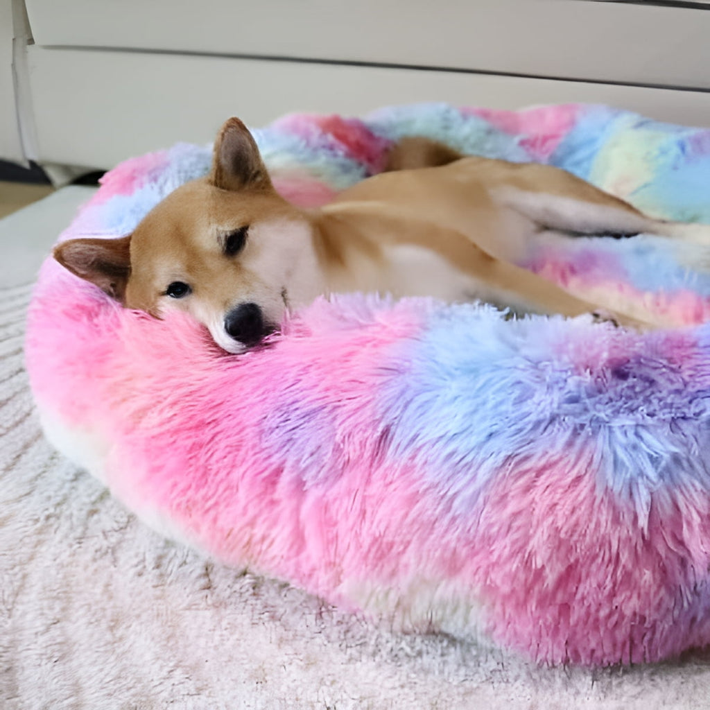 Exclusivo Mezcla Calming Donut Pet Bed for Medium Dogs 24", Anti-Anxiety Plush Cozy Warming Dog Bed, Pink Rainbow