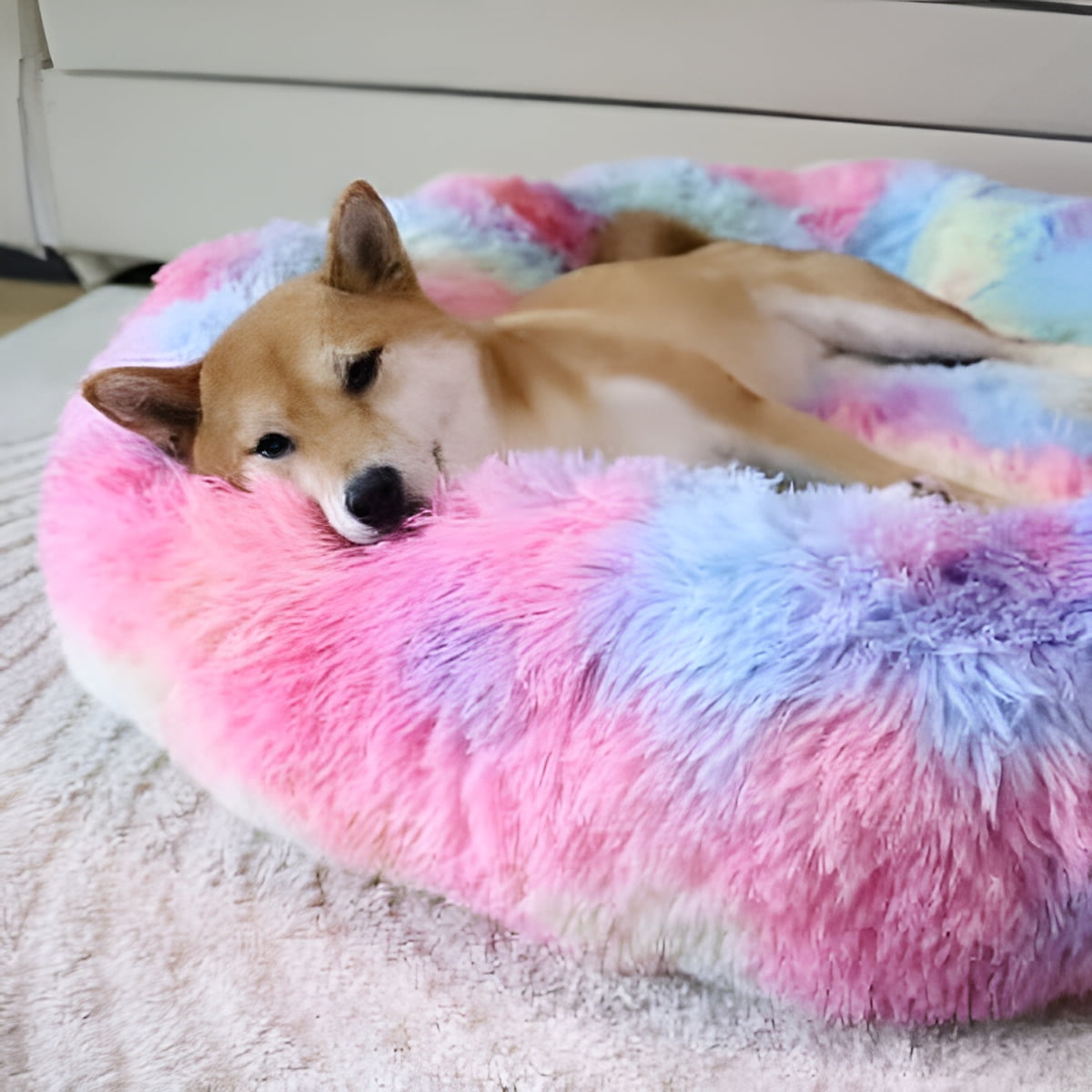 Exclusivo Mezcla Calming Donut Pet Bed for Medium Dogs 24", Anti-Anxiety Plush Cozy Warming Dog Bed, Pink Rainbow