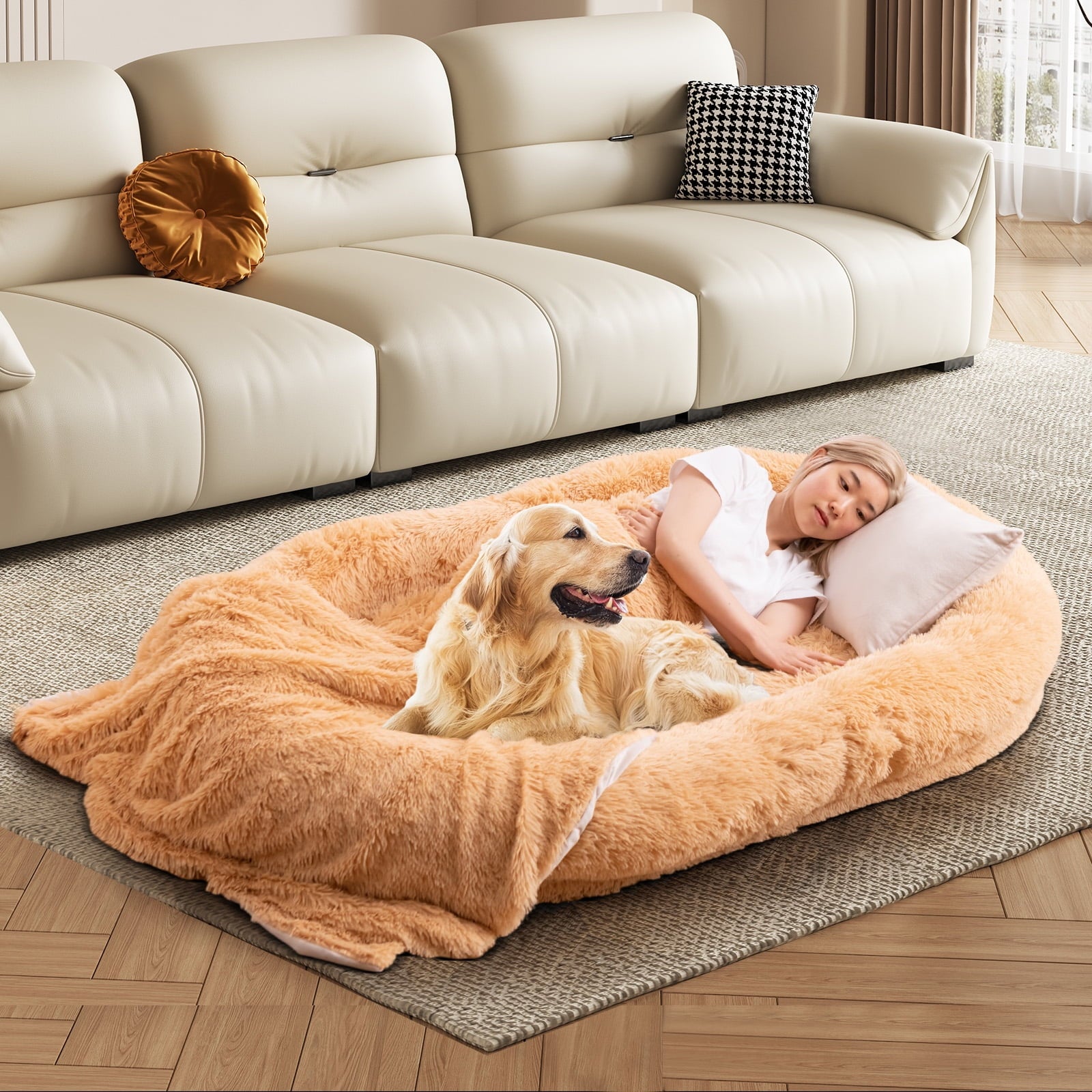 Gymax 68'' x 46'' x 10'' Human Dog Bed Orthopedic Dog Bed w/ Soft Blanket Brown