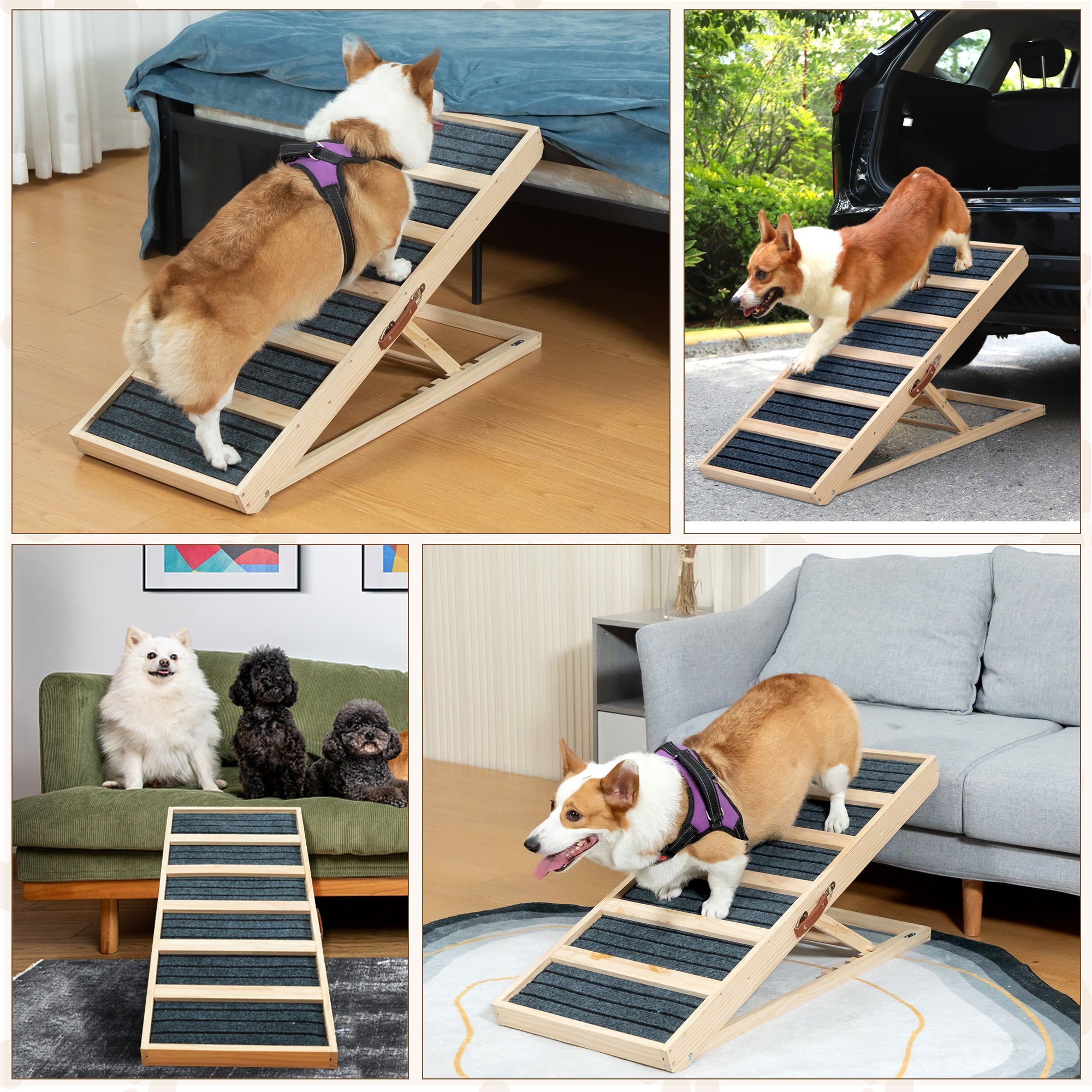 COZIWOW Adjustable Pet Ramp, Wooden Folding Dog Car Ramp with High Traction Mat, Portable Cat Ramp for Bed, Couch and Sofa, Natural