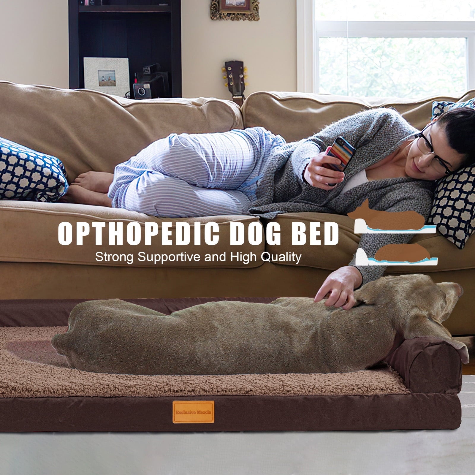 Exclusivo Mezcla Orthopedic Pet Bed for Extra Large Dogs 48"X30", L Shaped Waterproof Dog Beds with Removable Washable Cover, Brown