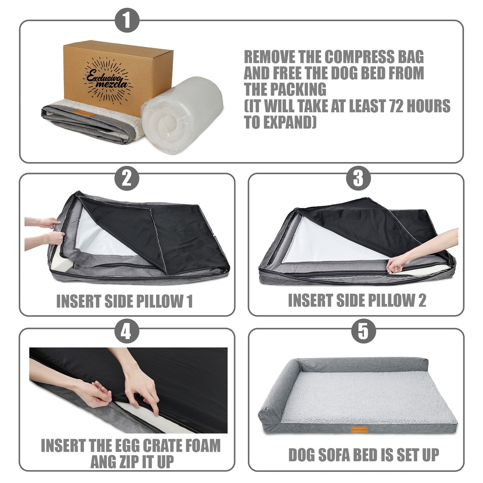 Exclusivo Mezcla Orthopedic Pet Bed for Extra Large Dogs 48"X30", L Shaped Waterproof Dog Beds with Removable Washable Cover, Brown