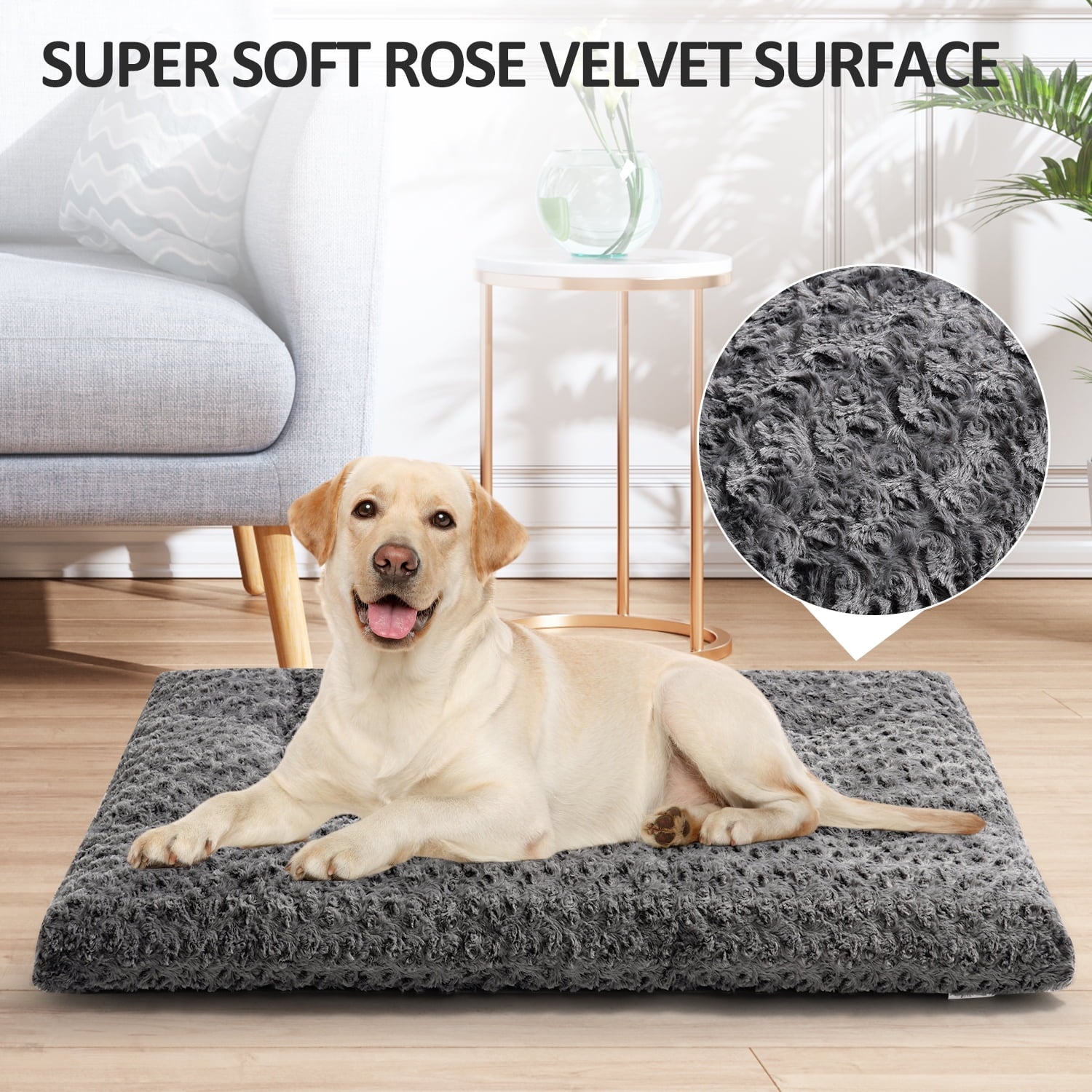 EMONIA Large Dog Bed, Luxury Rose Velvet Pet Mattress, Washable Dog Mattress for Crate, Non Slip Bottom, Suitable for Large, Medium Dogs 36 "x 23", Light Gray
