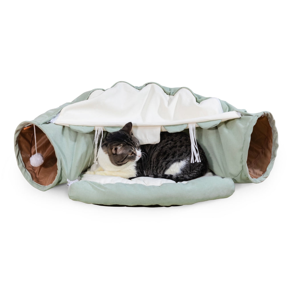 Coziwow 2-in-1 Cat Tunnel Tube Cat Tunnel Bed W/ Washable Bed Collapsible Kitty Toy, Green