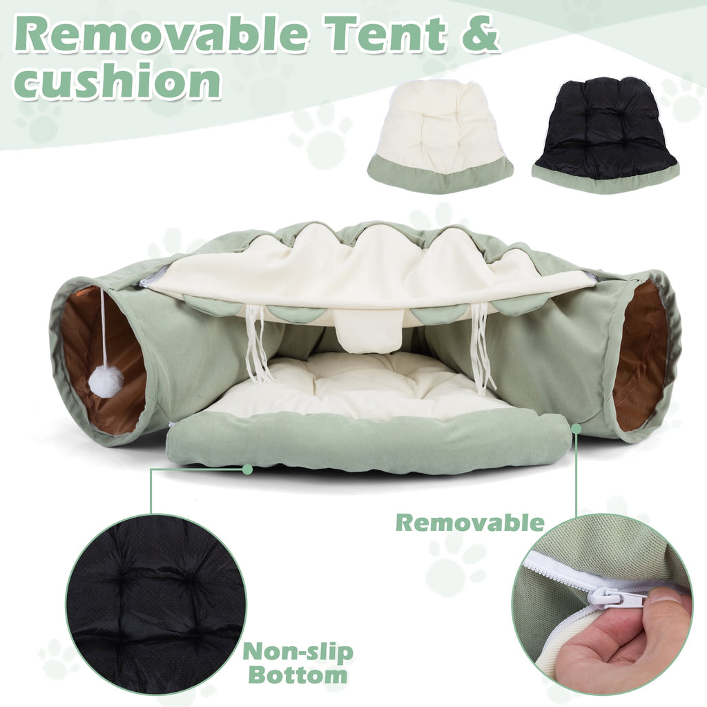 Coziwow 2-in-1 Cat Tunnel Tube Cat Tunnel Bed W/ Washable Bed Collapsible Kitty Toy, Green