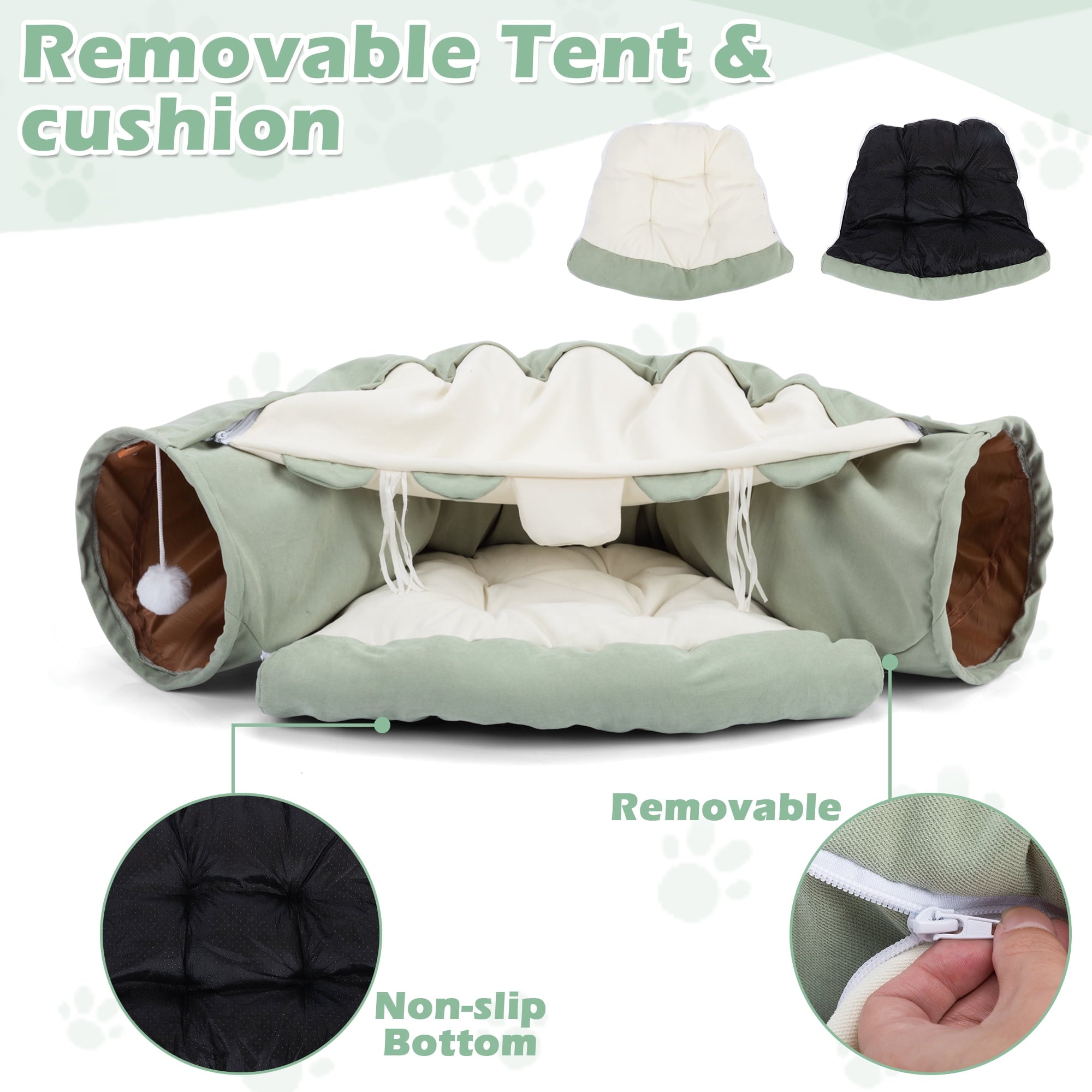 Coziwow 2-in-1 Cat Tunnel Tube Cat Tunnel Bed W/ Washable Bed Collapsible Kitty Toy, Green