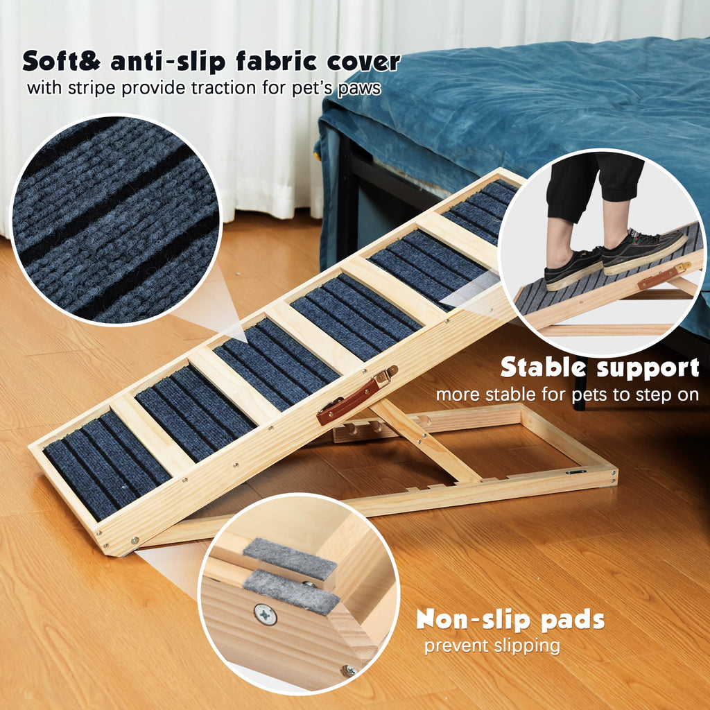 COZIWOW Adjustable Pet Ramp, Wooden Folding Dog Car Ramp with High Traction Mat, Portable Cat Ramp for Bed, Couch and Sofa, Natural