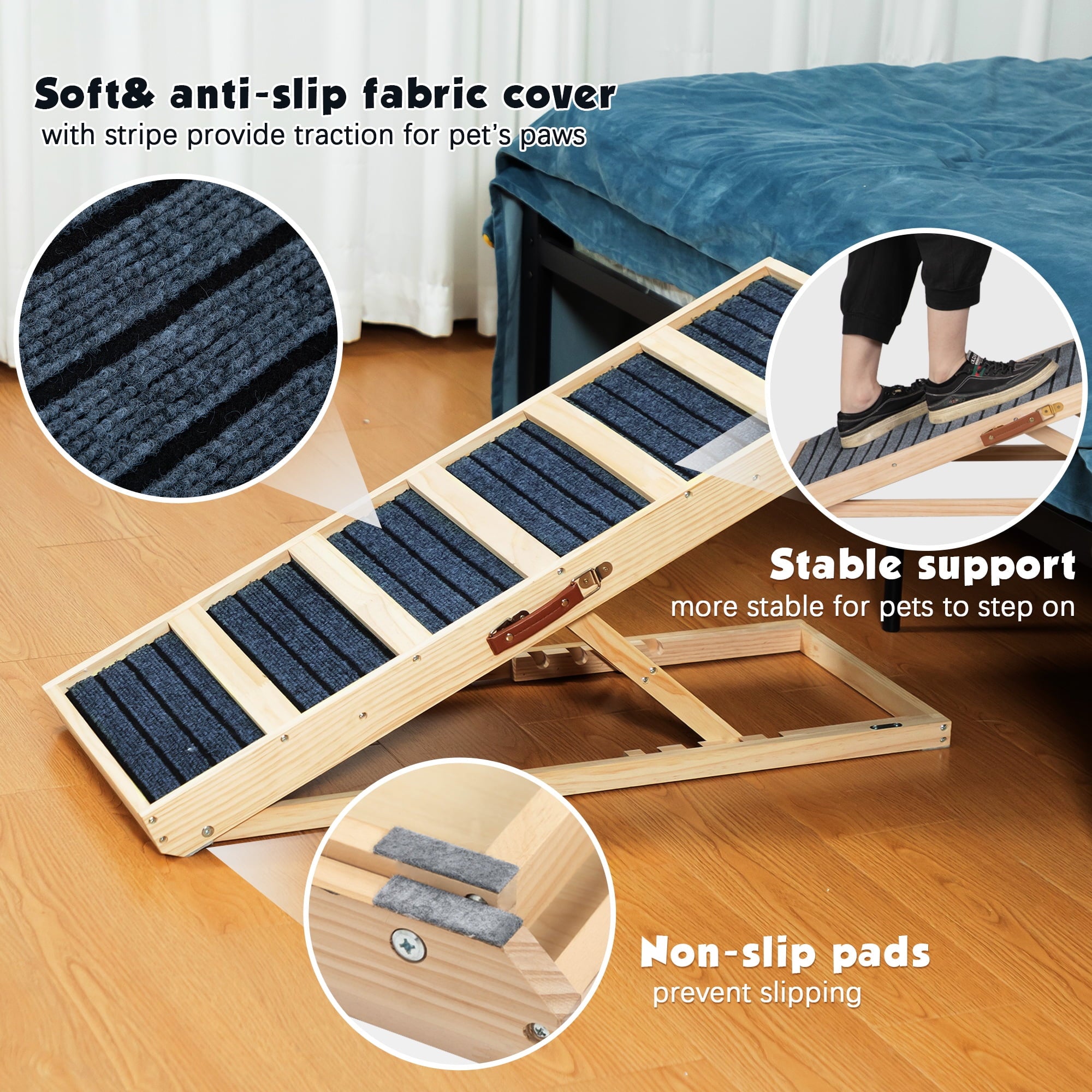 COZIWOW Adjustable Pet Ramp, Wooden Folding Dog Car Ramp with High Traction Mat, Portable Cat Ramp for Bed, Couch and Sofa, Natural