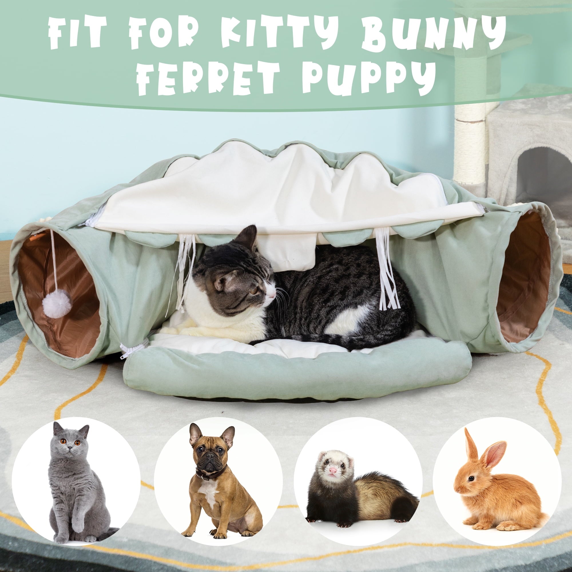 Coziwow 2-in-1 Cat Tunnel Tube Cat Tunnel Bed W/ Washable Bed Collapsible Kitty Toy, Green