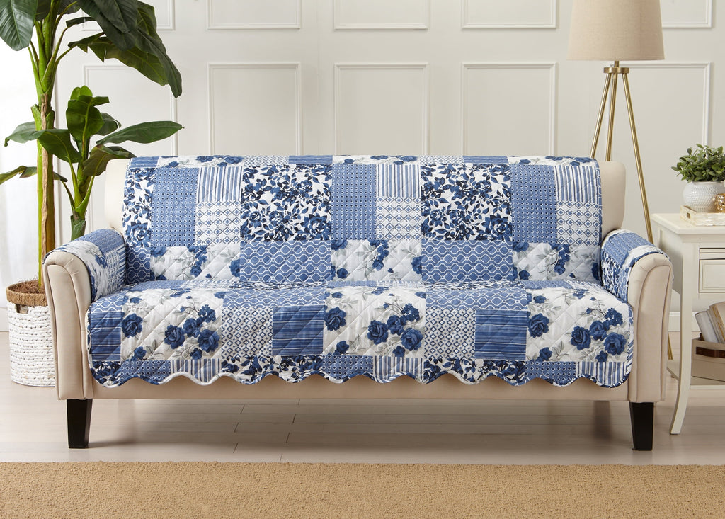 Great Bay Home Patchwork Scalloped Reversible Washable Pet Furniture Protector  (74" Sofa, Navy)