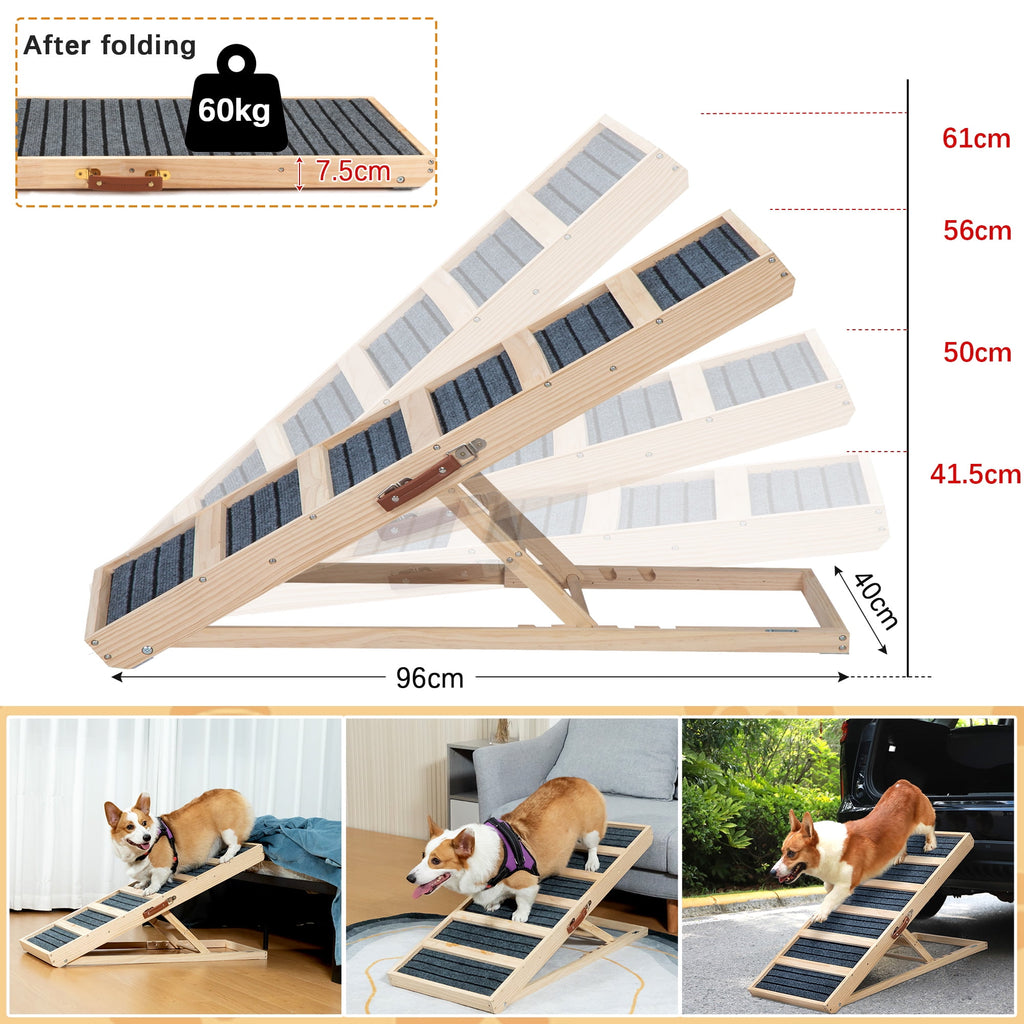 COZIWOW Adjustable Pet Ramp, Wooden Folding Dog Car Ramp with High Traction Mat, Portable Cat Ramp for Bed, Couch and Sofa, Natural