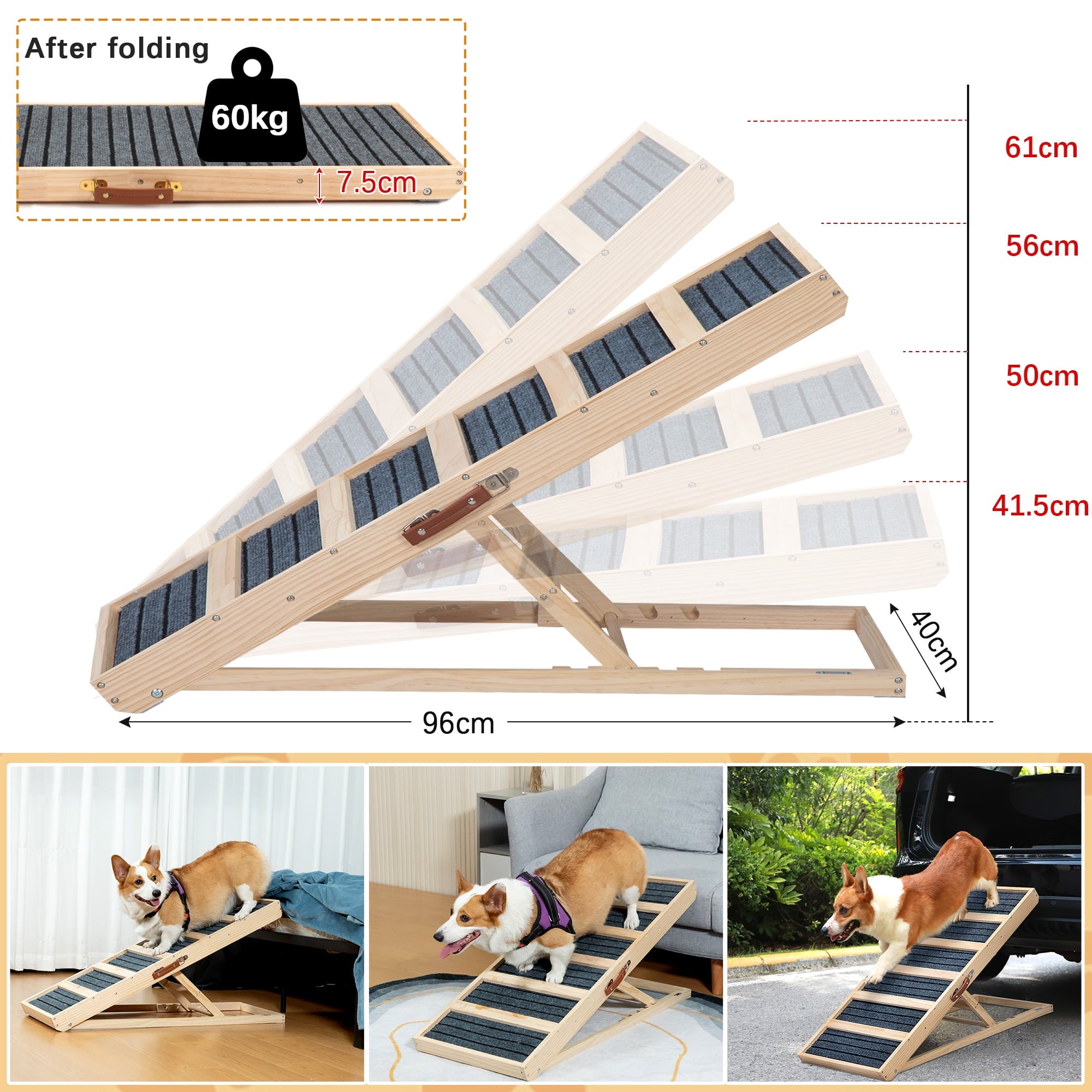 COZIWOW Adjustable Pet Ramp, Wooden Folding Dog Car Ramp with High Traction Mat, Portable Cat Ramp for Bed, Couch and Sofa, Natural