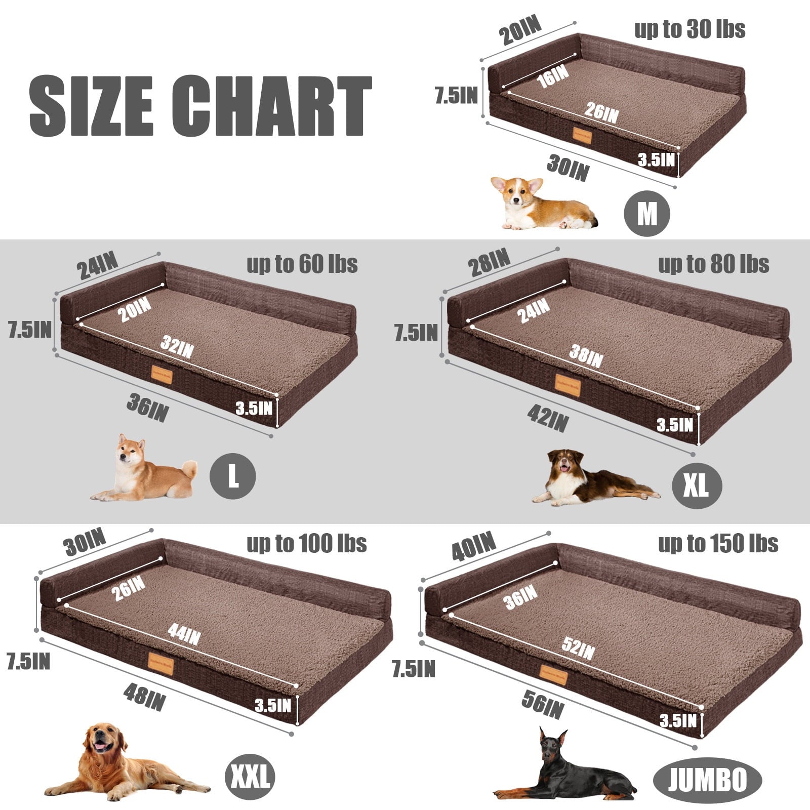 Exclusivo Mezcla Orthopedic Pet Bed for Extra Large Dogs 48"X30", L Shaped Waterproof Dog Beds with Removable Washable Cover, Brown